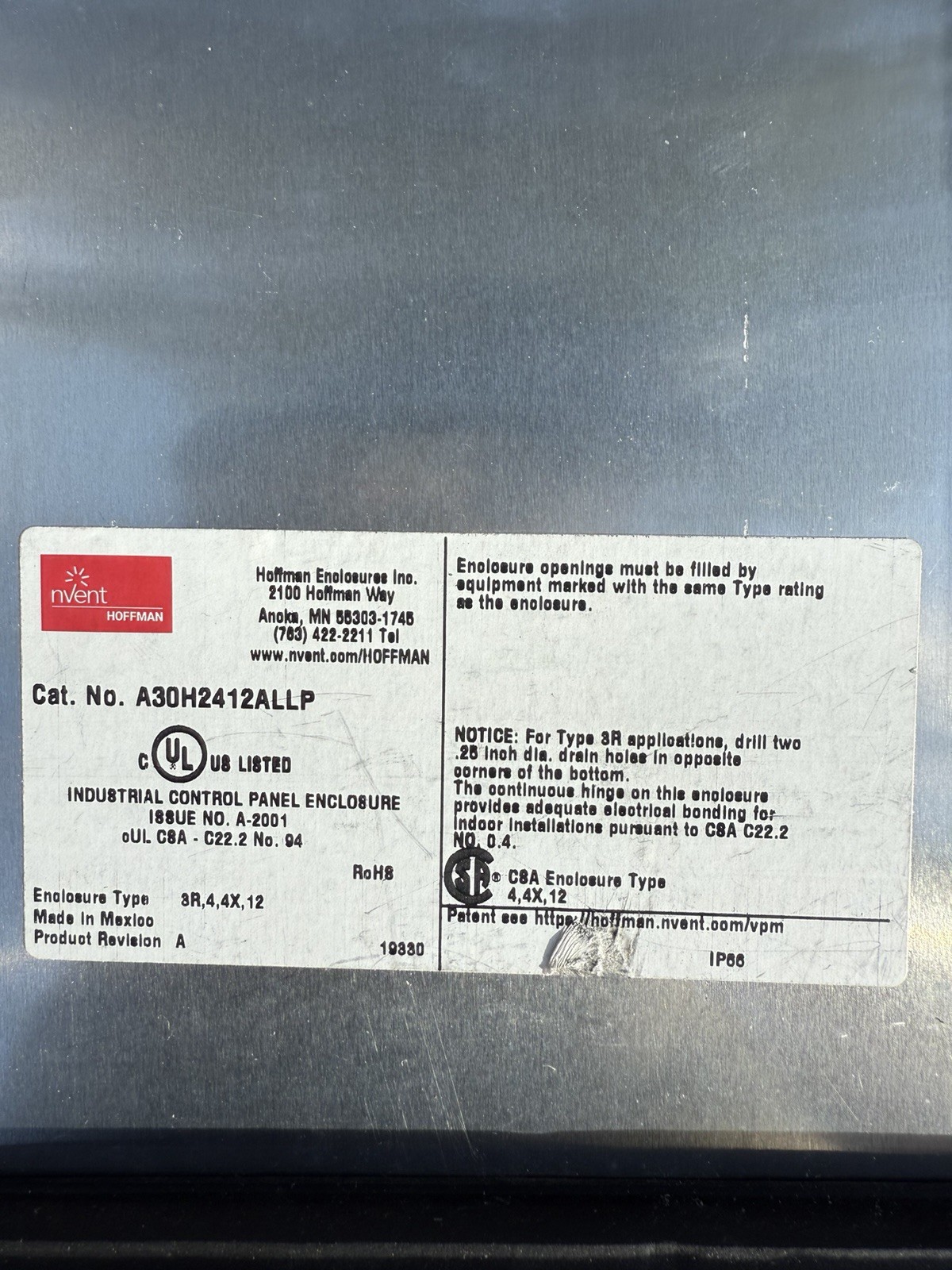 nvent hoffman Continuous Hinge Enclosure LP Type 4X, 30x24x12 A30H2412ALLP