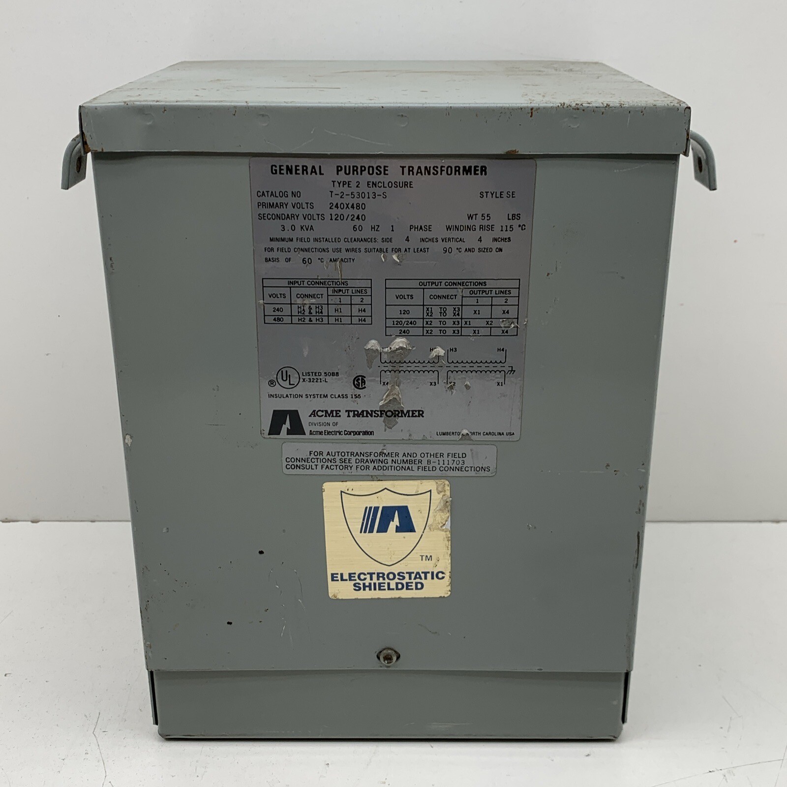 Acme T-2-53013-S Type 3R Outdoor Transformer PRI: 240X480 SEC: 120/240V 3kVA