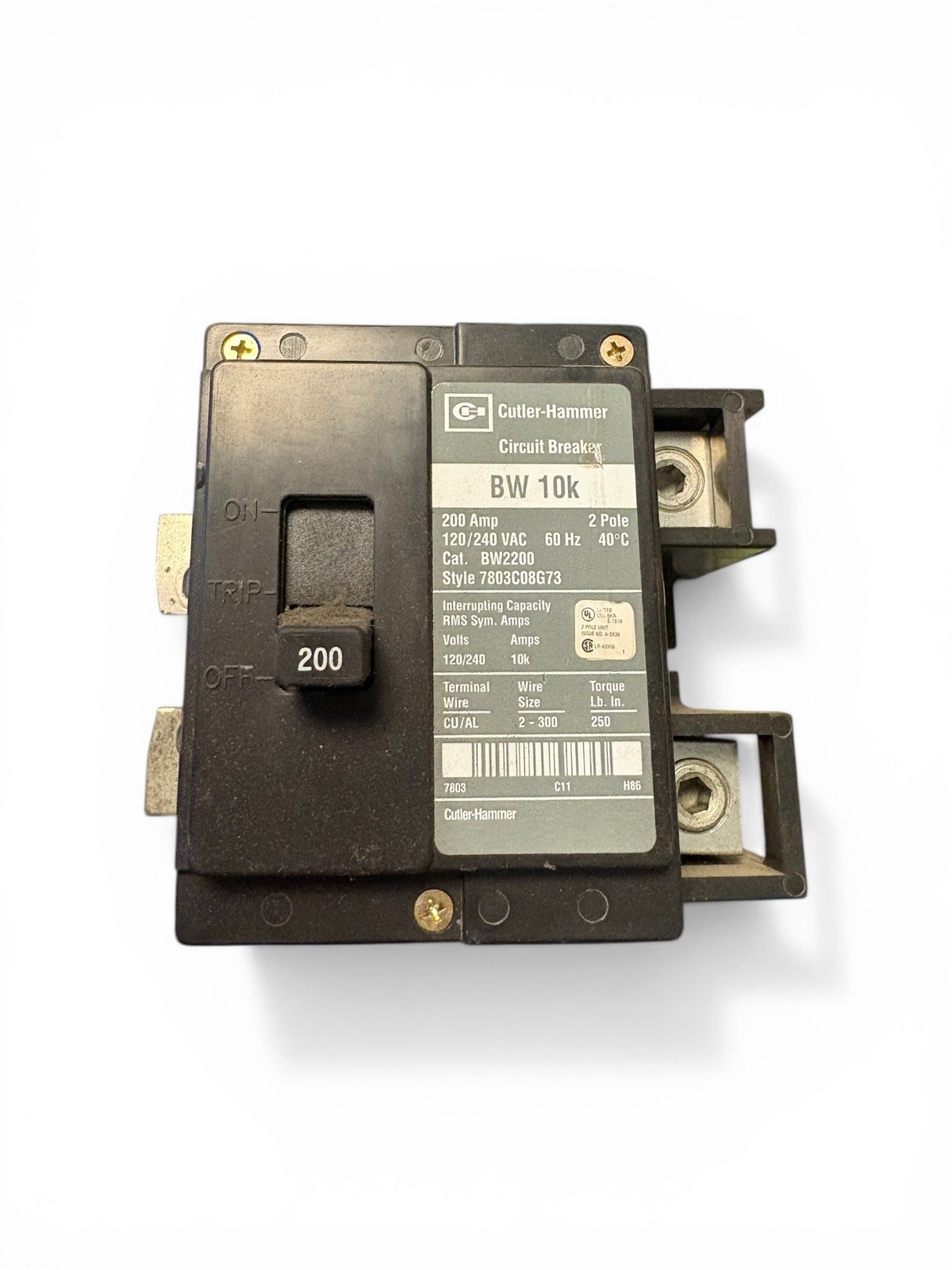 Cutler Hammer BW2200 2 Pole 200A 120/240V bolt on Circuit Breaker BW 10K