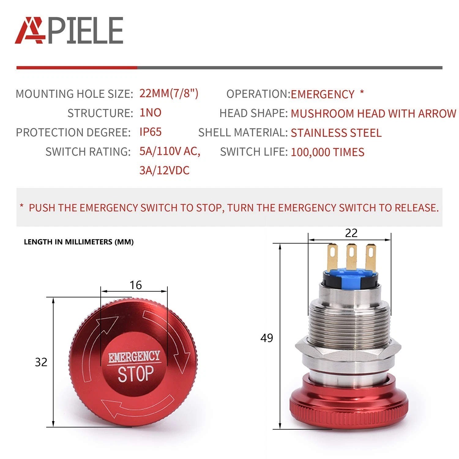 22Mm Metal Emergency Stop Push Button Switch Latching 12V-250V Stainless Steel 7