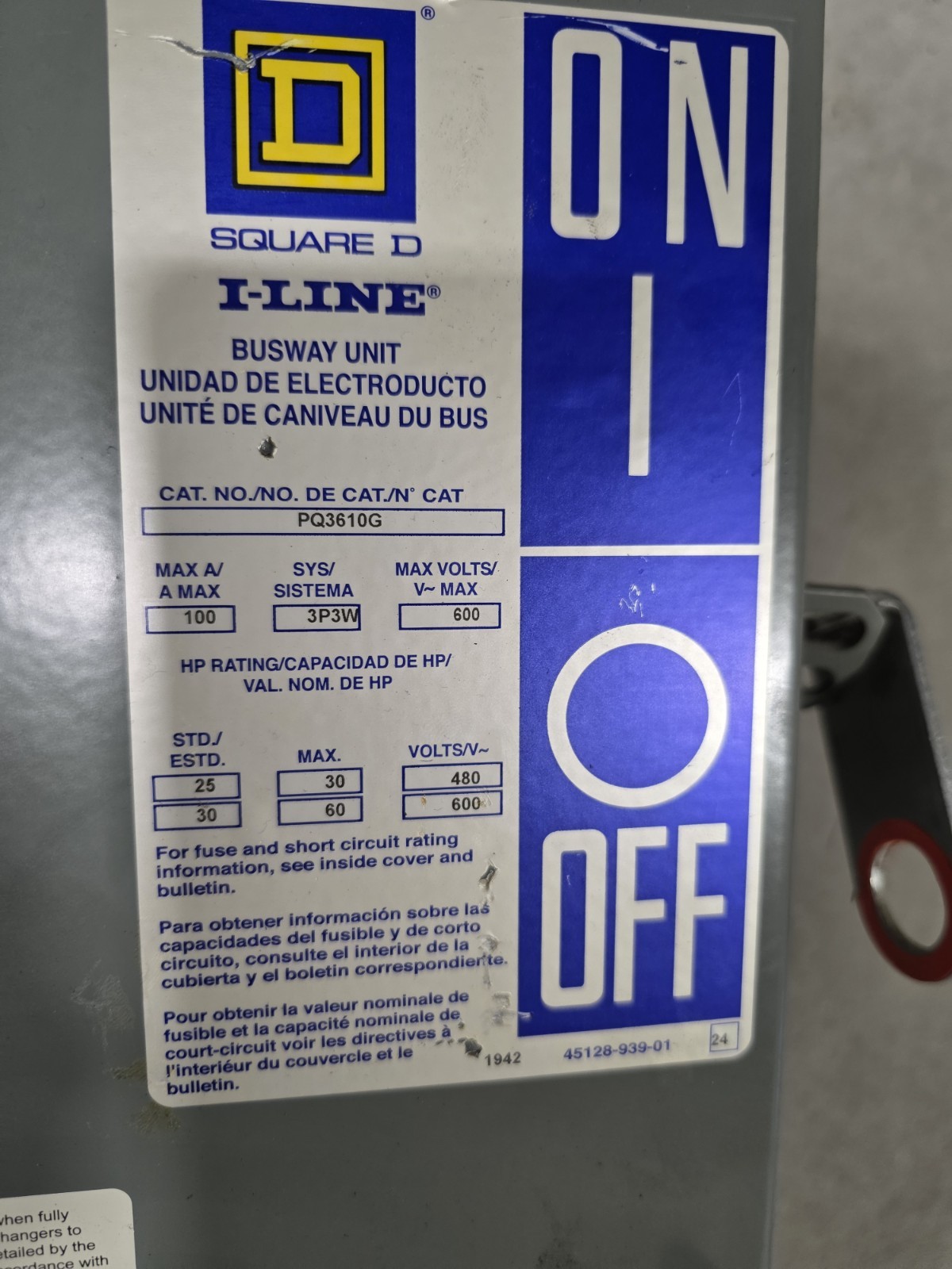 Square D PQ3610G 100amp 3wire bus Plug duct busplug disconnect busway