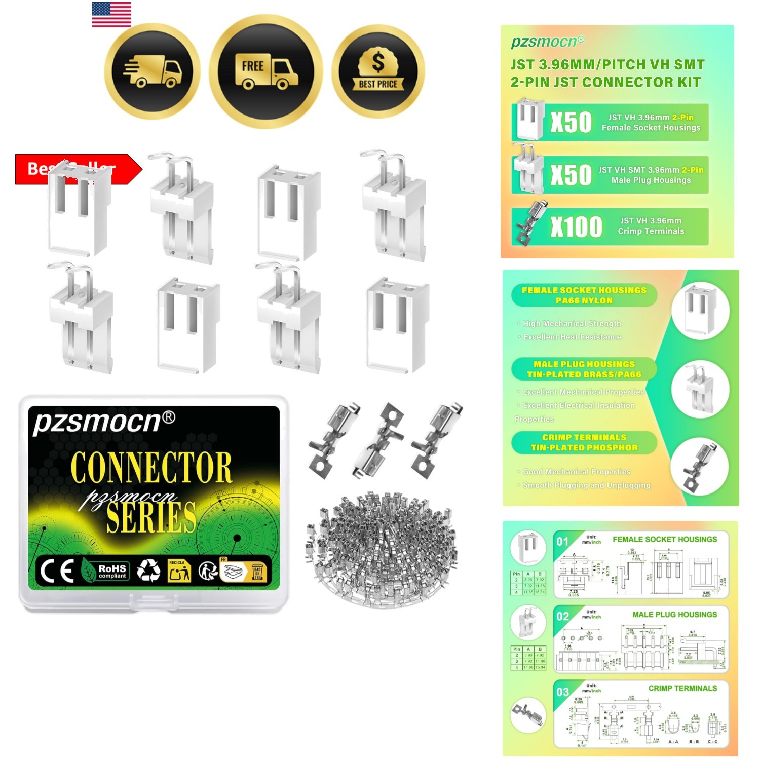 200 Pieces / 50 Sets JST VH SMT 3.96 mm Pitch 2 Pin Female Housing and Male A…