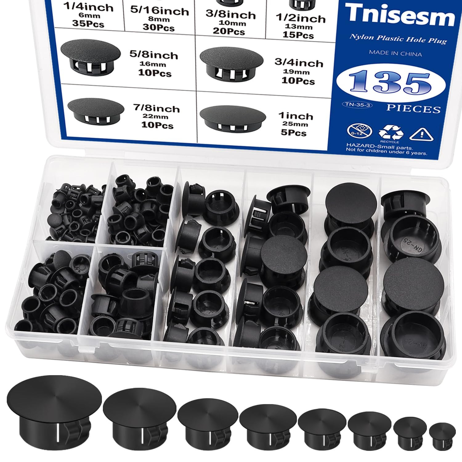 Tnisesm 135Pcs 8 Sizes Nylon Plastic Hole Plugs Black 1/4″ 5/16″ 3/8″ 1/2″ 5/8″