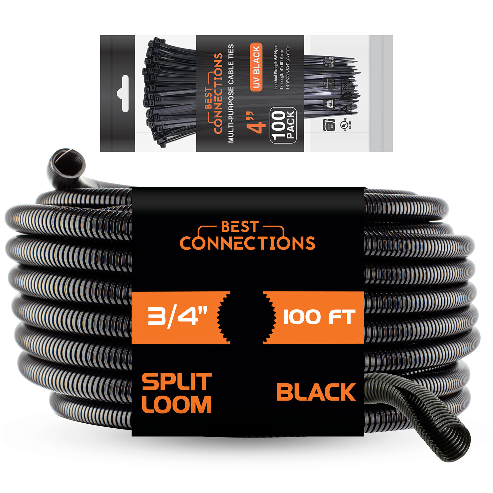 100 Ft 3/4″ Split Wire Loom Tubing Combo 100 Pcs 4″ Nylon Cable Zip Ties