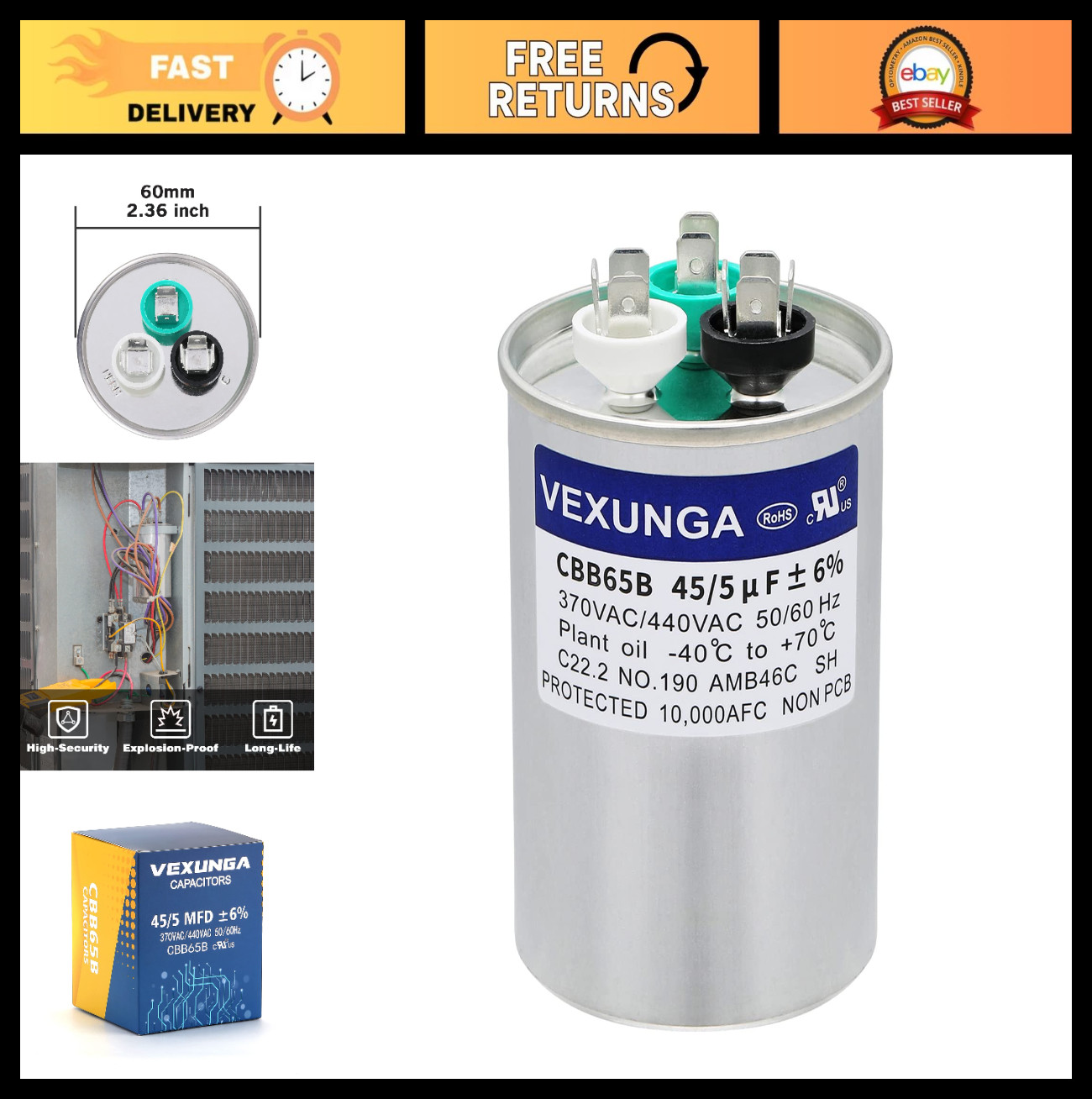 Dual Run Start Capacitor 45/5 uF 370V 440V for A/C Unit, Fan Motor, Heat Pump