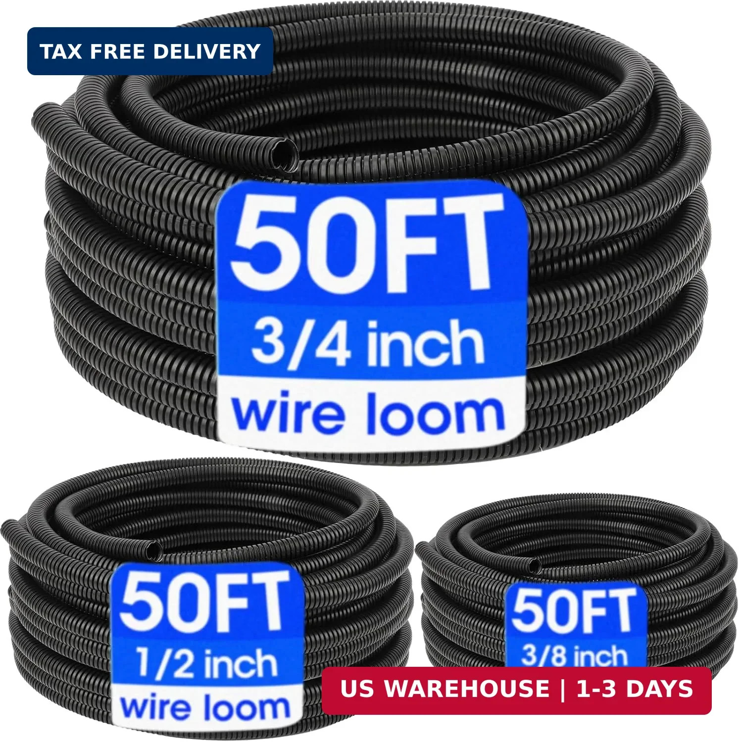 Wire Loom 3/8″, 1/2″, 3/4 Inch x 50 FT, Split Wire Loom Tubing Wire Conduit, Wir