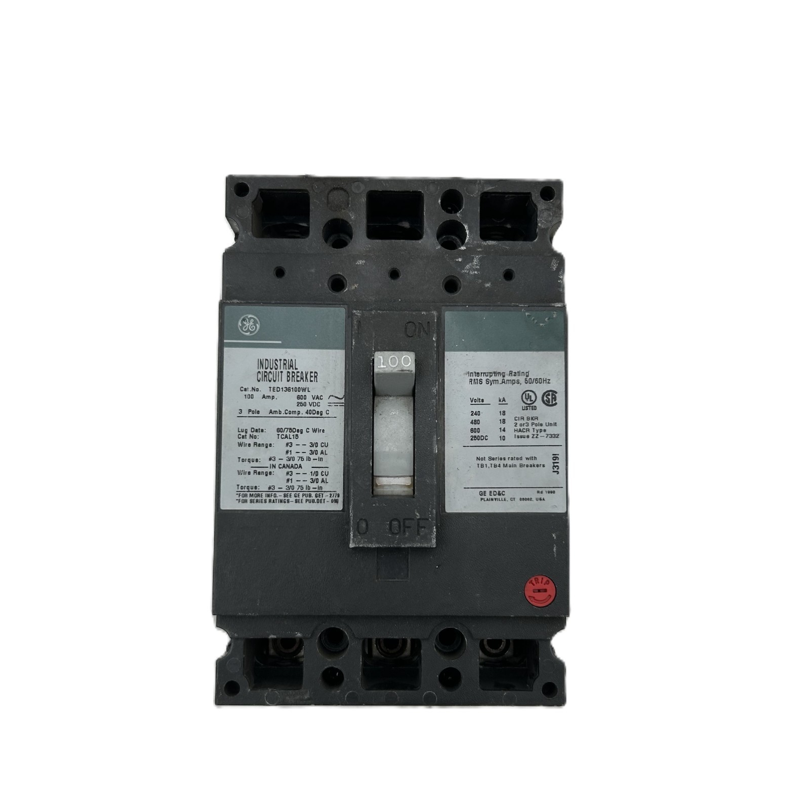GE TED136100WL Industrial Circuit Breaker 100A 3-Pole 600VAC
