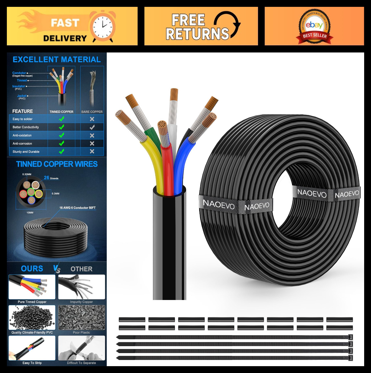 16 AWG 6 Conductor Electrical Wire – Stranded PVC Cable, 12V Low Voltage, Tinned