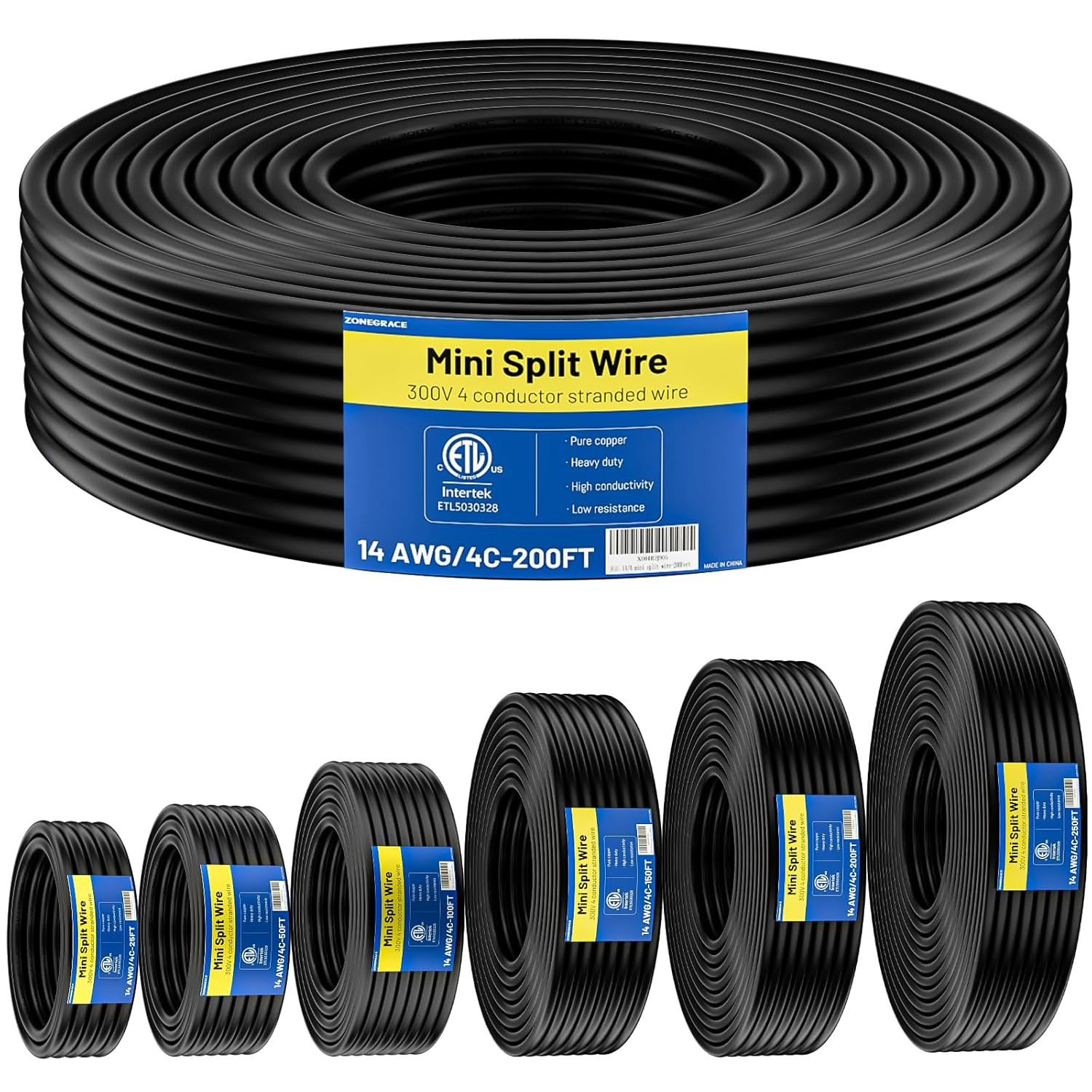 14/4 Mini Split Cable 200FT, 14 AWG 4 Conductor Control Stranded Pure Copper ETL