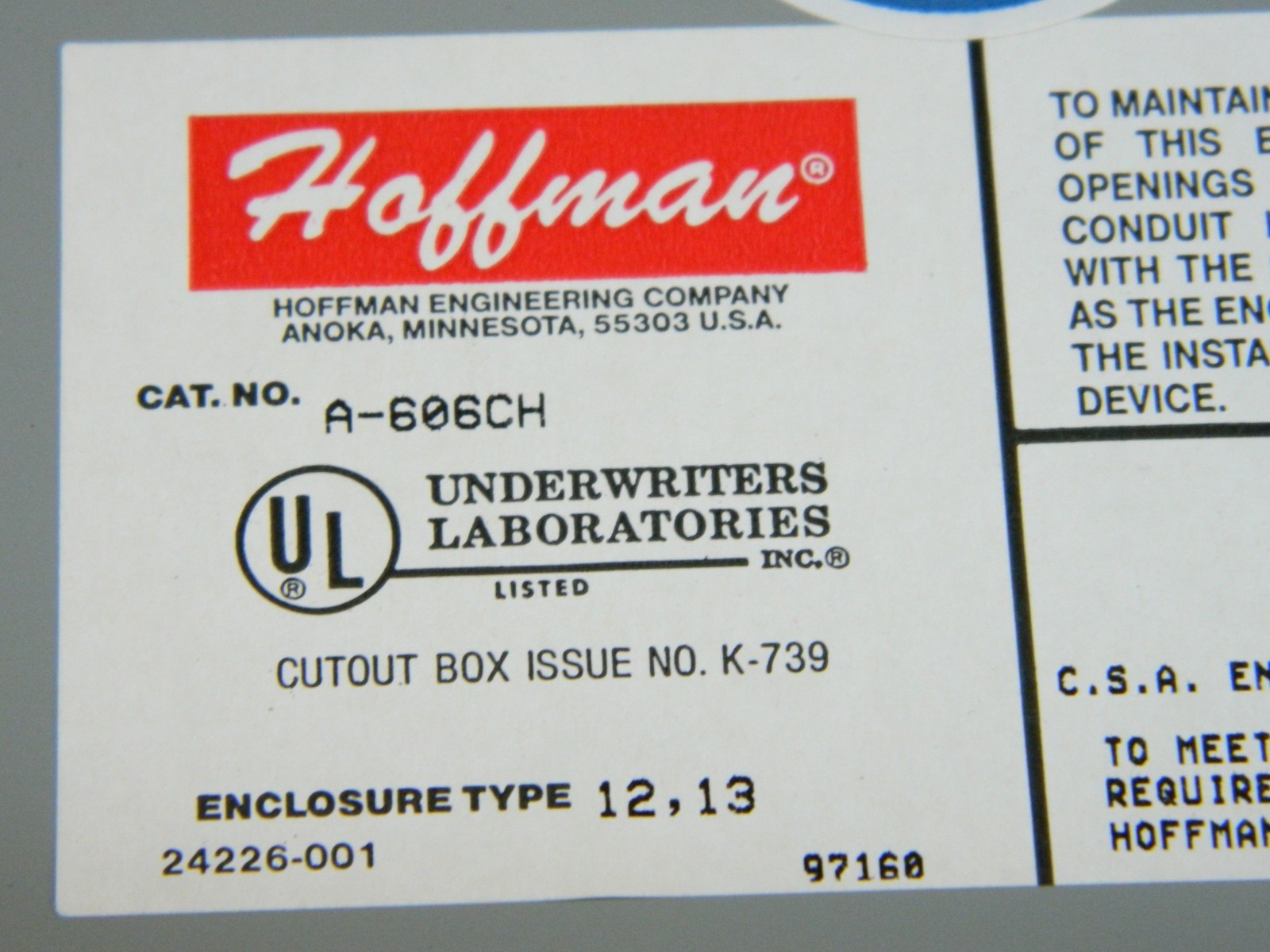 HOFFMAN AJ-606CH Electrical Enclosure 6″ x 6″ x 4″ Oil Proof Gasket
