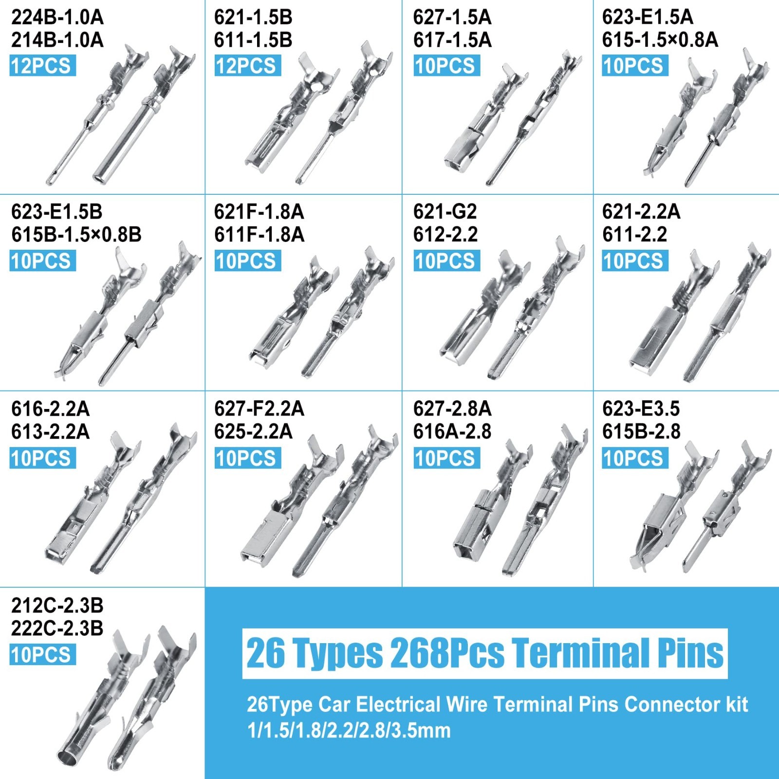 Automotive Connector Pins Kit 567Pcs – 26 Types, 1-3.5mm Male & Female Terminals