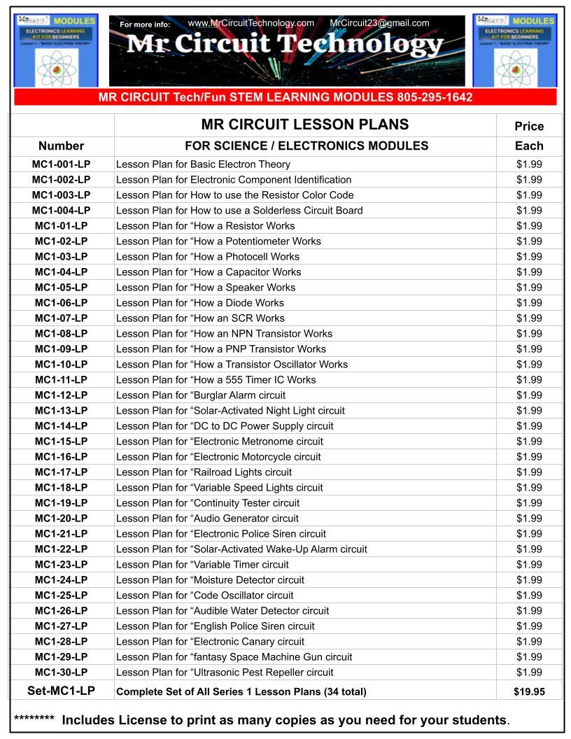 MC1- LESSON PLANS for Mr Circuit Science Basic Electronic Training Kits
