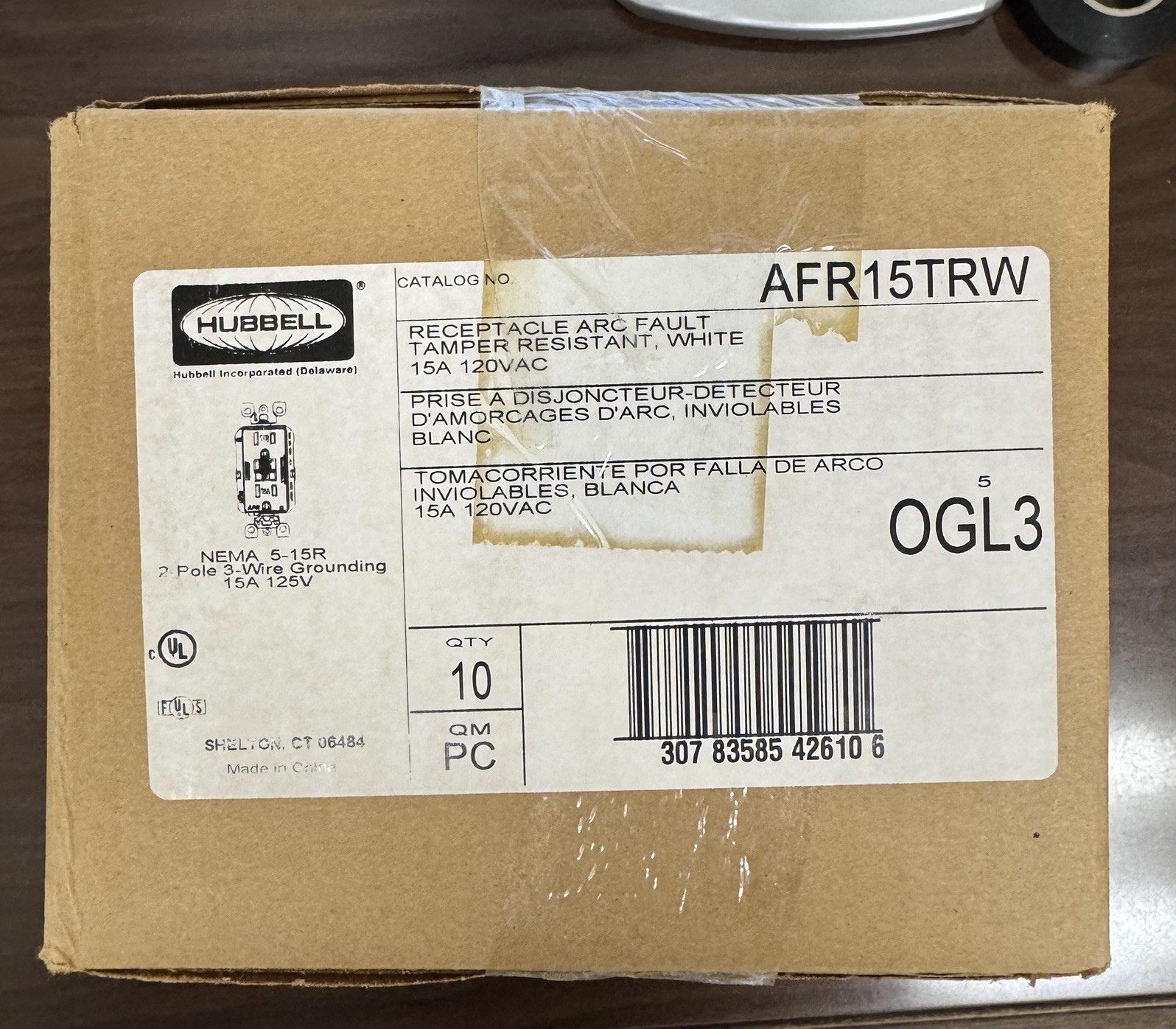 Hubbell 15A 120VAC Arc Fault Receptacle AFR15TRW