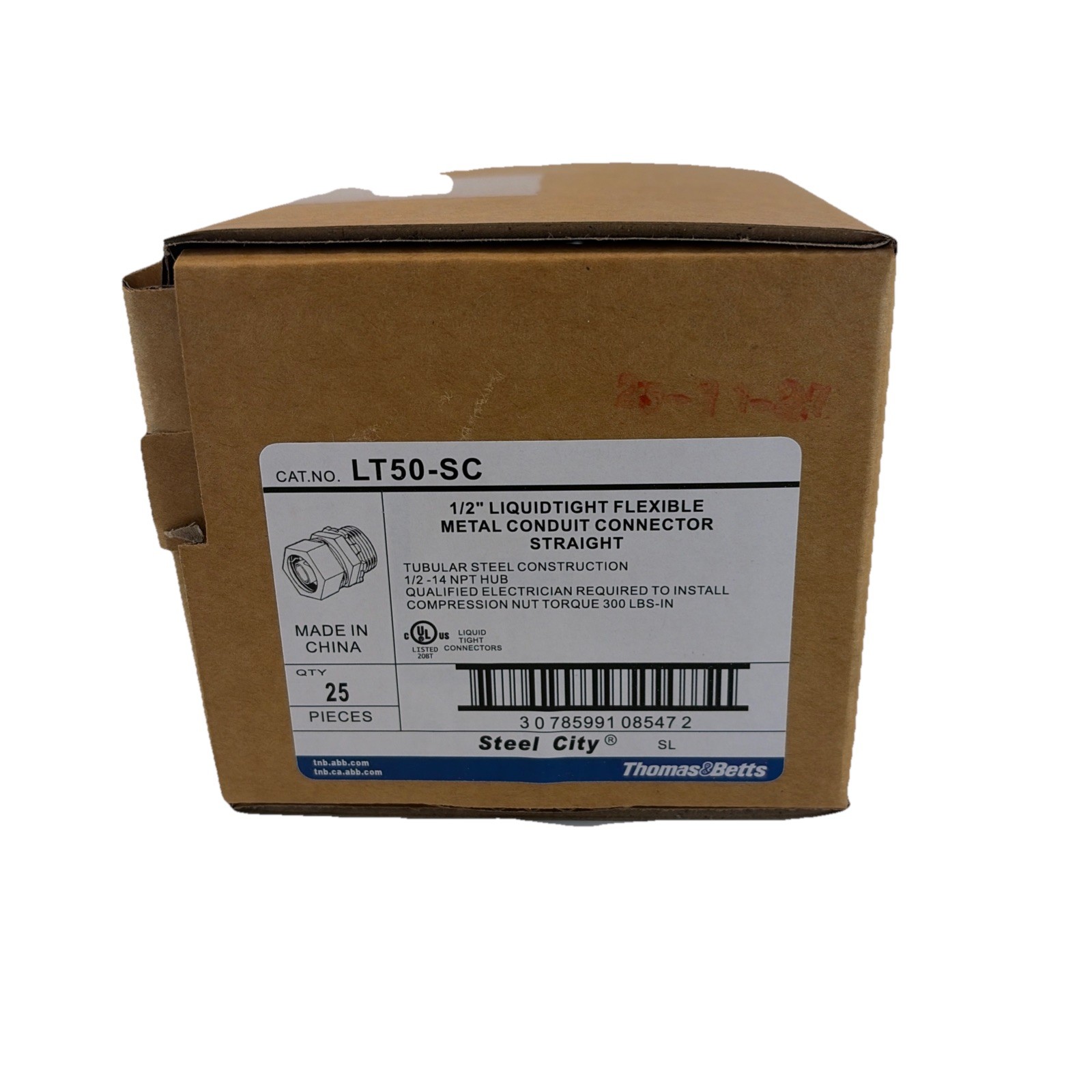1/2” Thomas Betts LT50-SC Liquidtight Flexible Metal Conduit Connector Straight