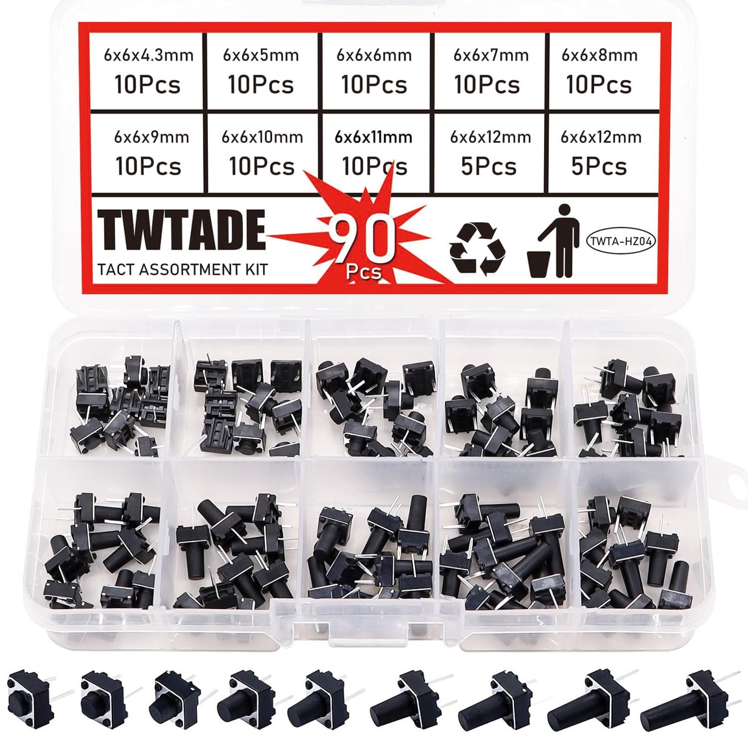 90PCS 2 Pin Tactile Switch Micro Momentary Tact Push Button Switch Assortment…