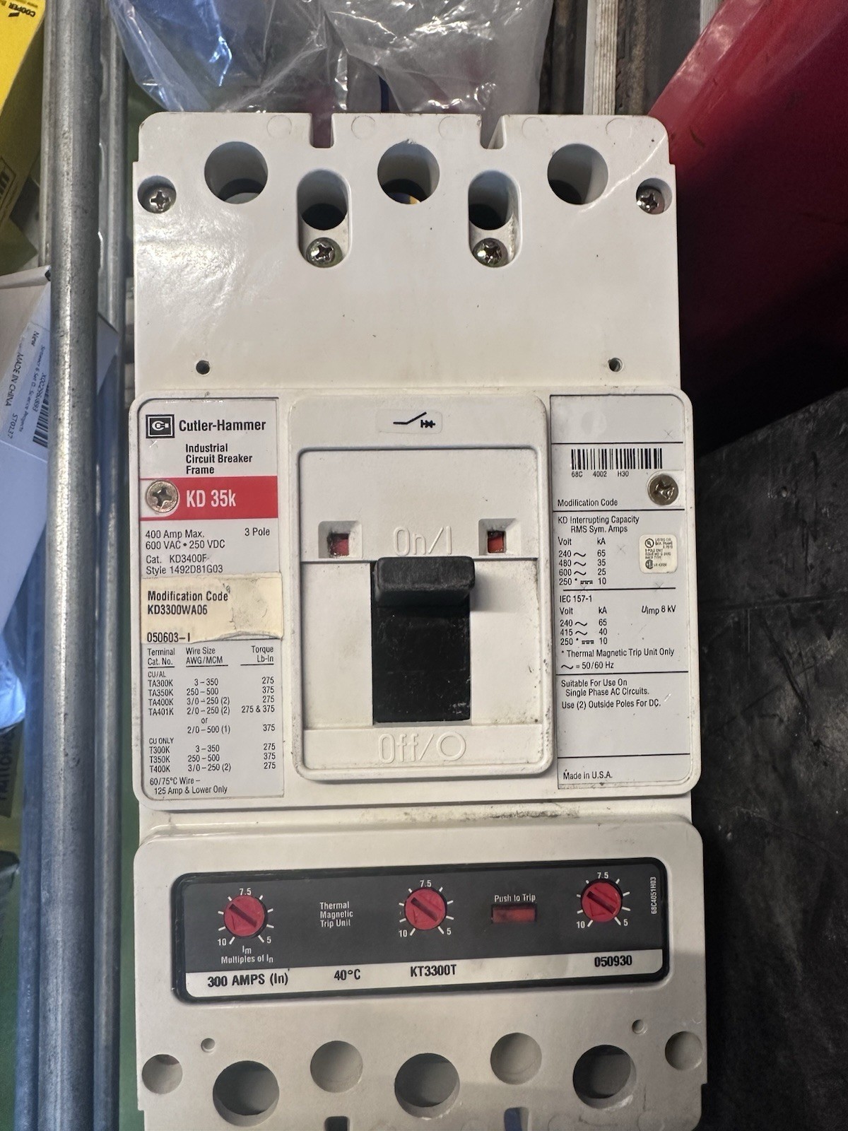 Eaton Cutler-Hammer KD-3400F Circuit Breaker K-Frame 3 Pole 3 Phase 400 Amp