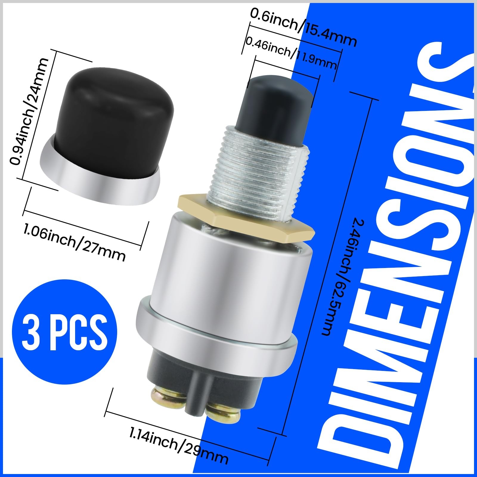 3 Pcs Black 12V/24V Waterproof Push Button Momentary Start Switch 50A