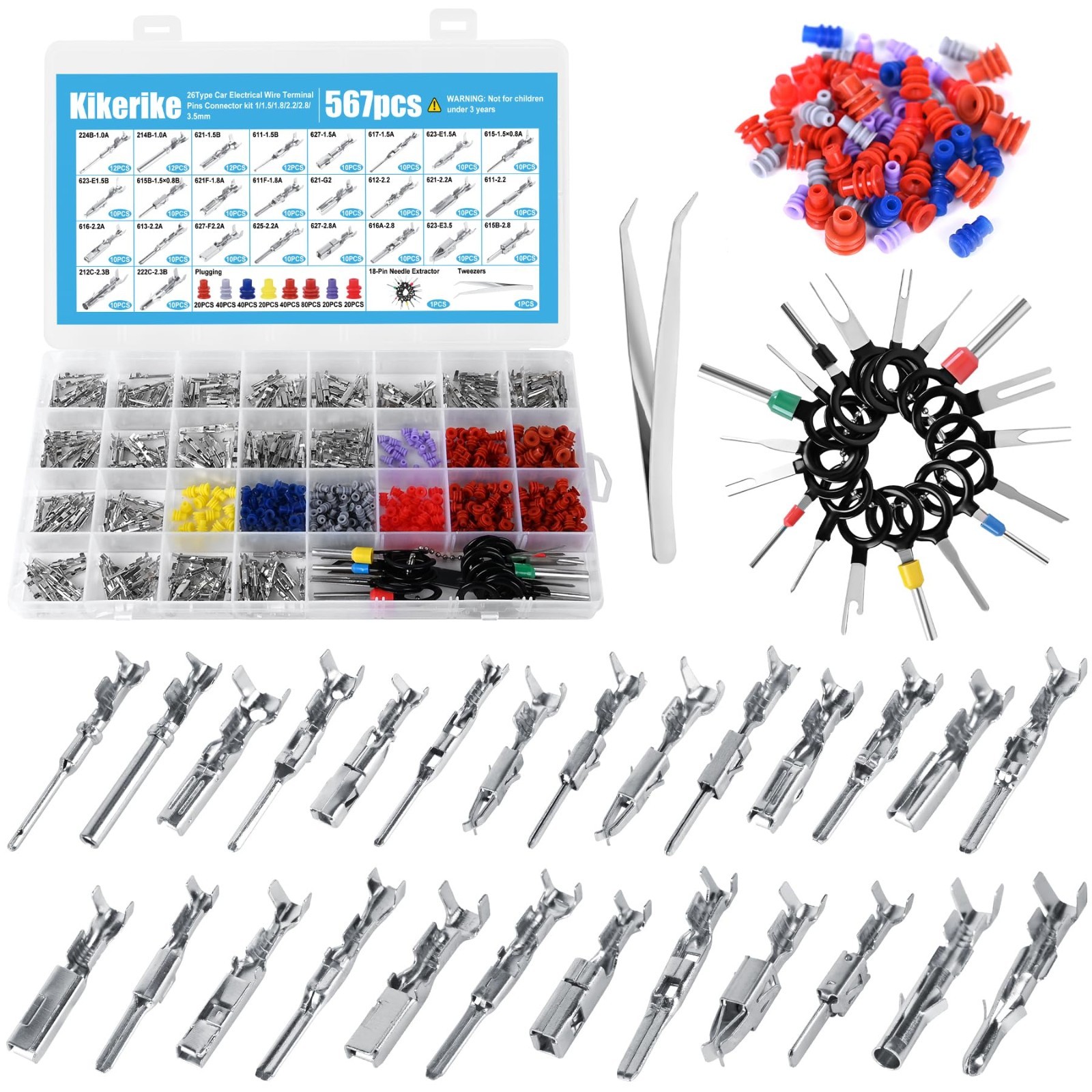 Automotive Connector Pins Kit 567Pcs – 26 Types, 1-3.5mm Male & Female Terminals