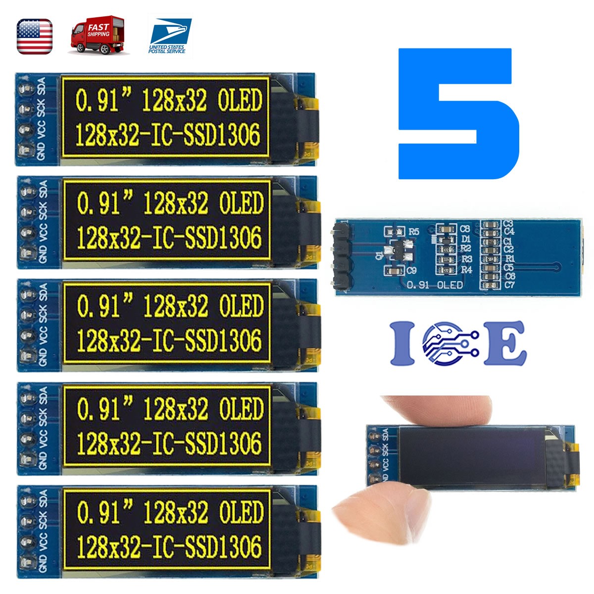 5pcs 0.91” 128×32 IIC I2C Yellow OLED Display Module DC3.3V 5V 128*32 Arduino