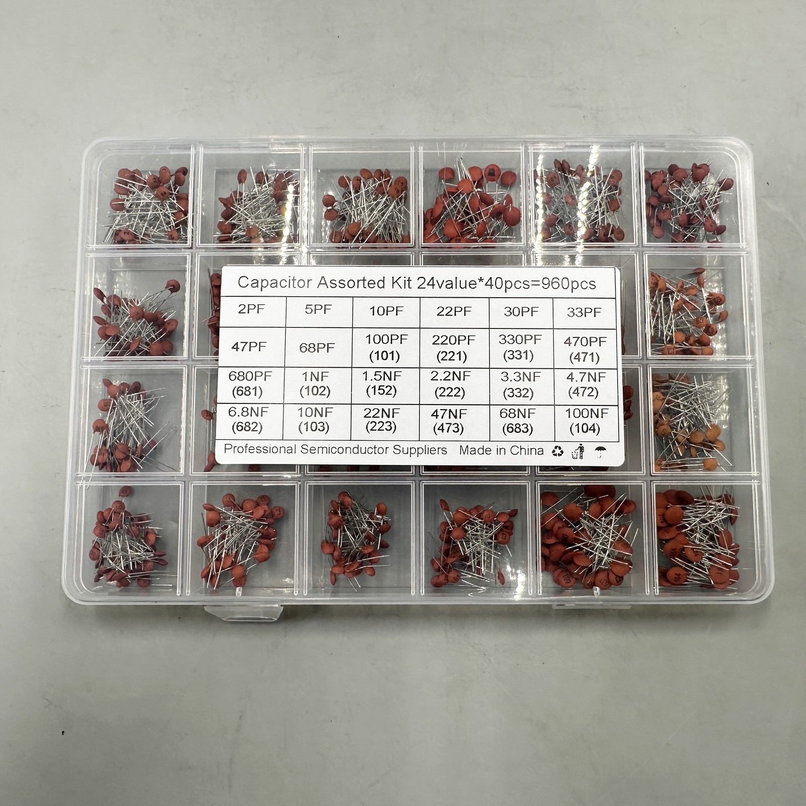 960 PCS 24 Value Ceramic Capacitor 2PF-100NF Assortment Kit for Electronics