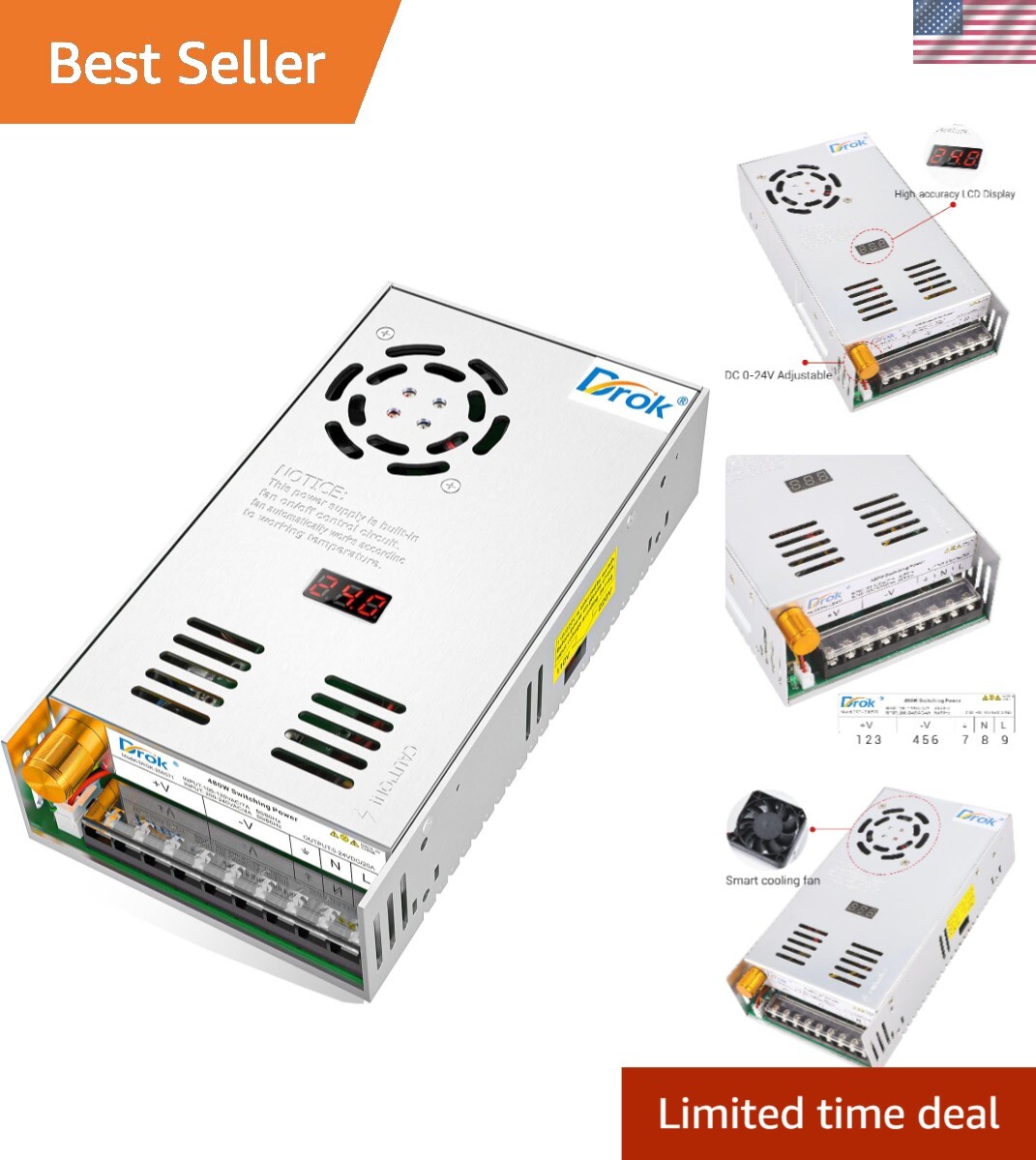 Adjustable 480W AC to DC Power Supply for Computers & DIY Projects – 5V to 24V
