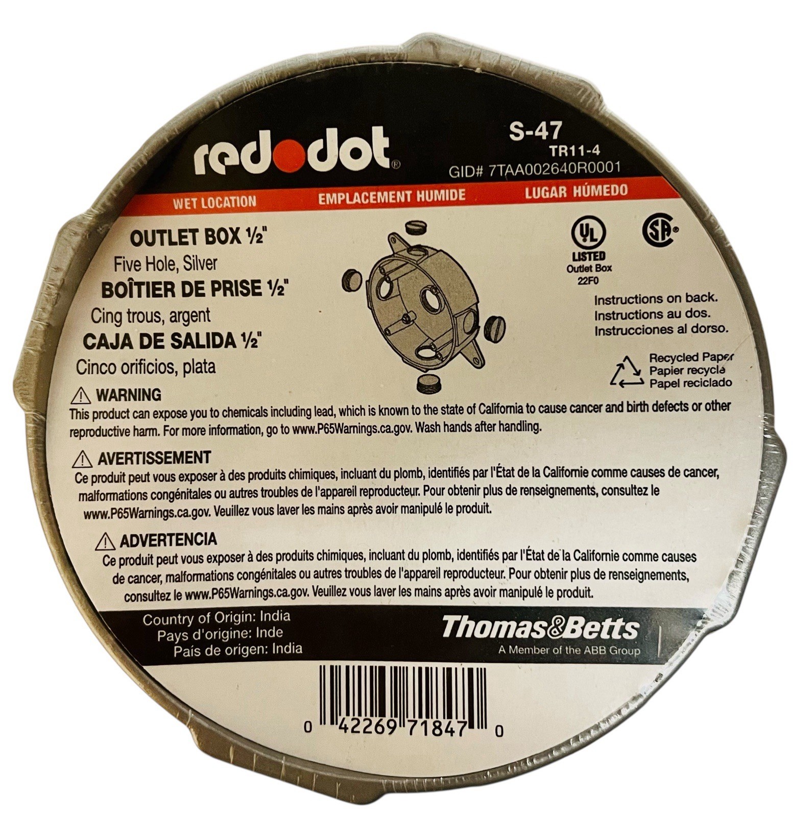 6 Pack Red Dot S-47 Silver 5 Hole Outlet Boxes