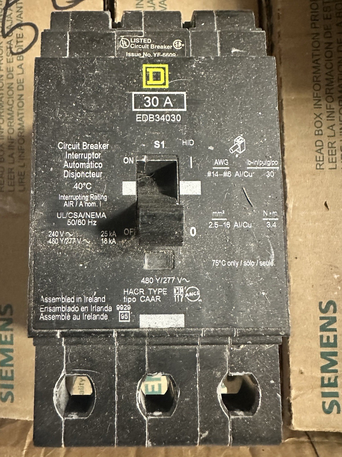 Square D EDB34030 30A 480Y/277V 3-Pole Bolt-On HACR Thermal Magnetic