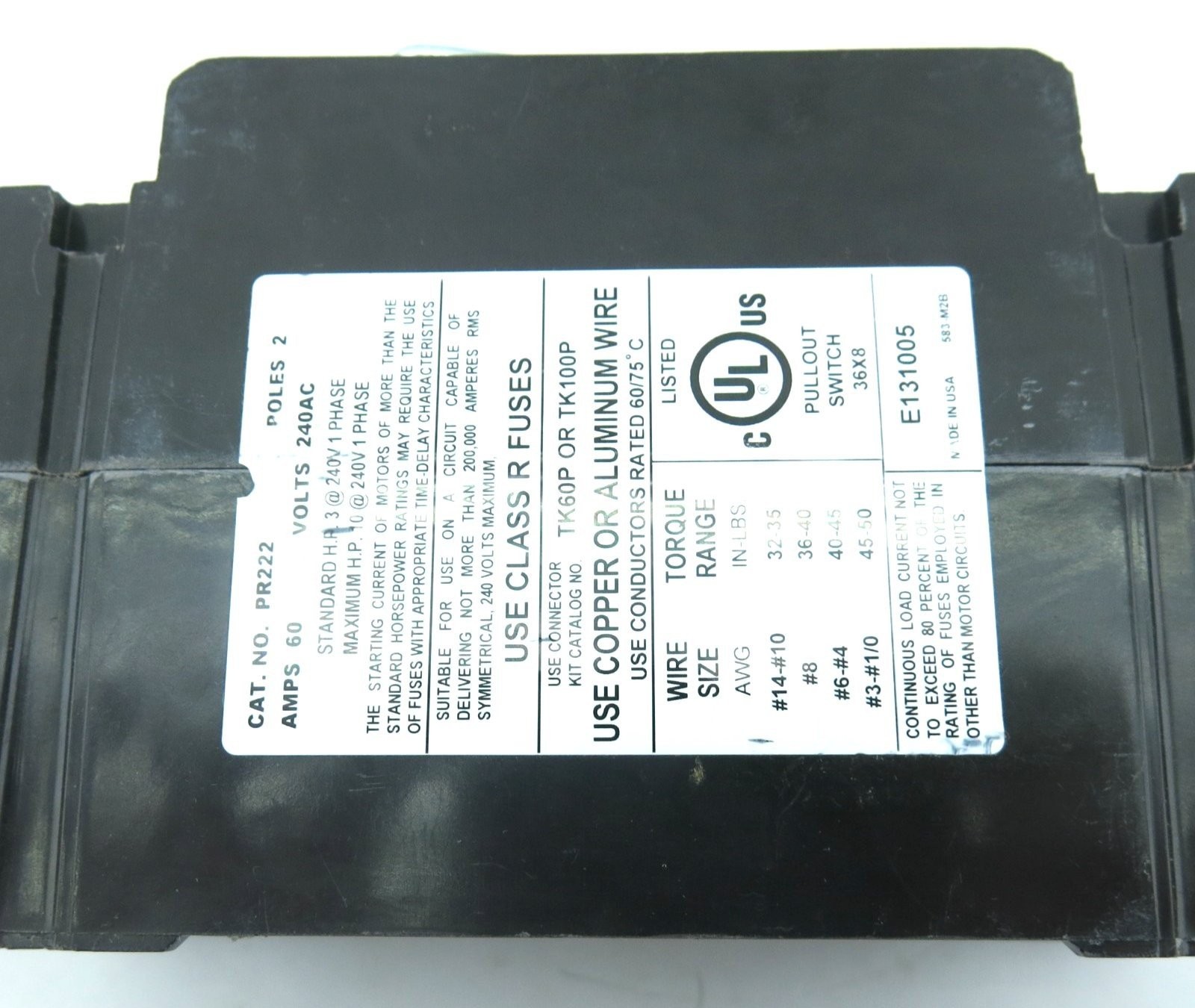 Boltswitch PR222 Pullout Fused Switch 60 Amp 240 VAC 2 Pole New Open Box