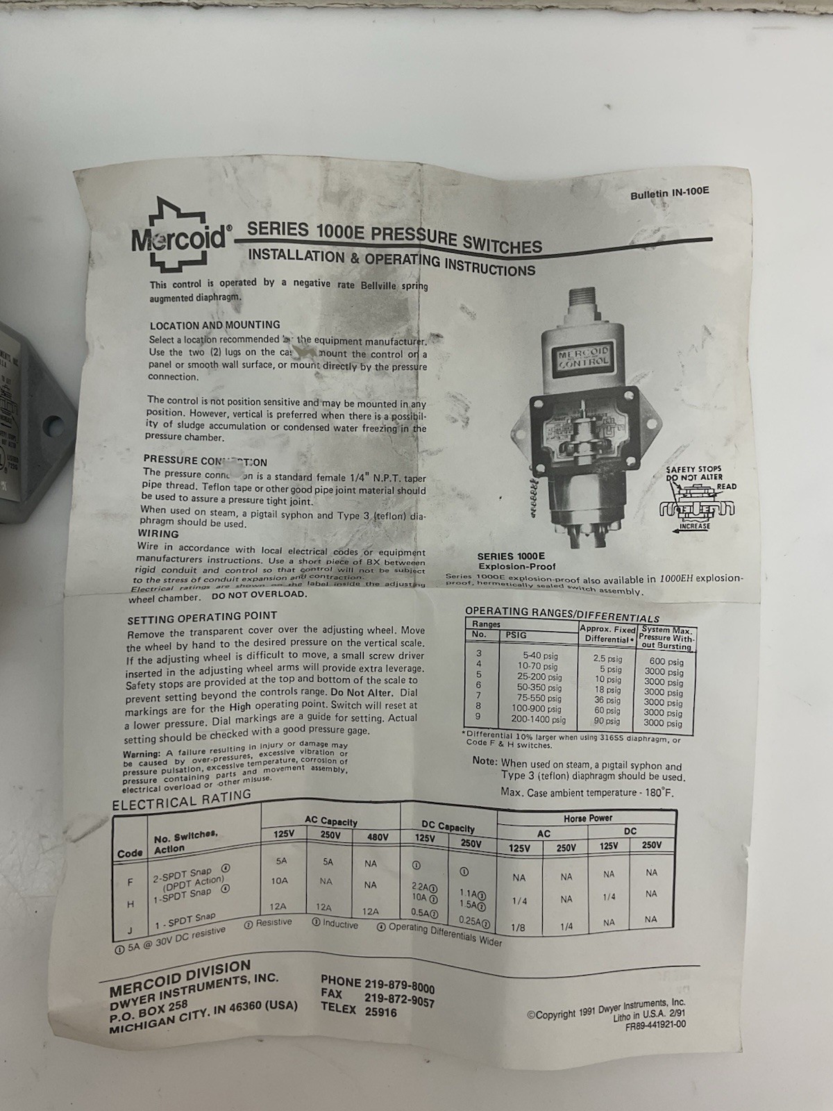 Dwyer Mercoid Cat. 1005EB2J Pressure Switch 3000 PSI Max NIB
