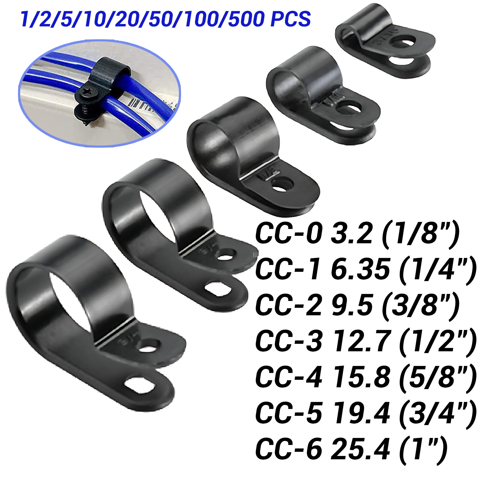 Black Nylon Plastic P Clips – Fasteners for Conduit, Cable, Tubing & Sleeving CC