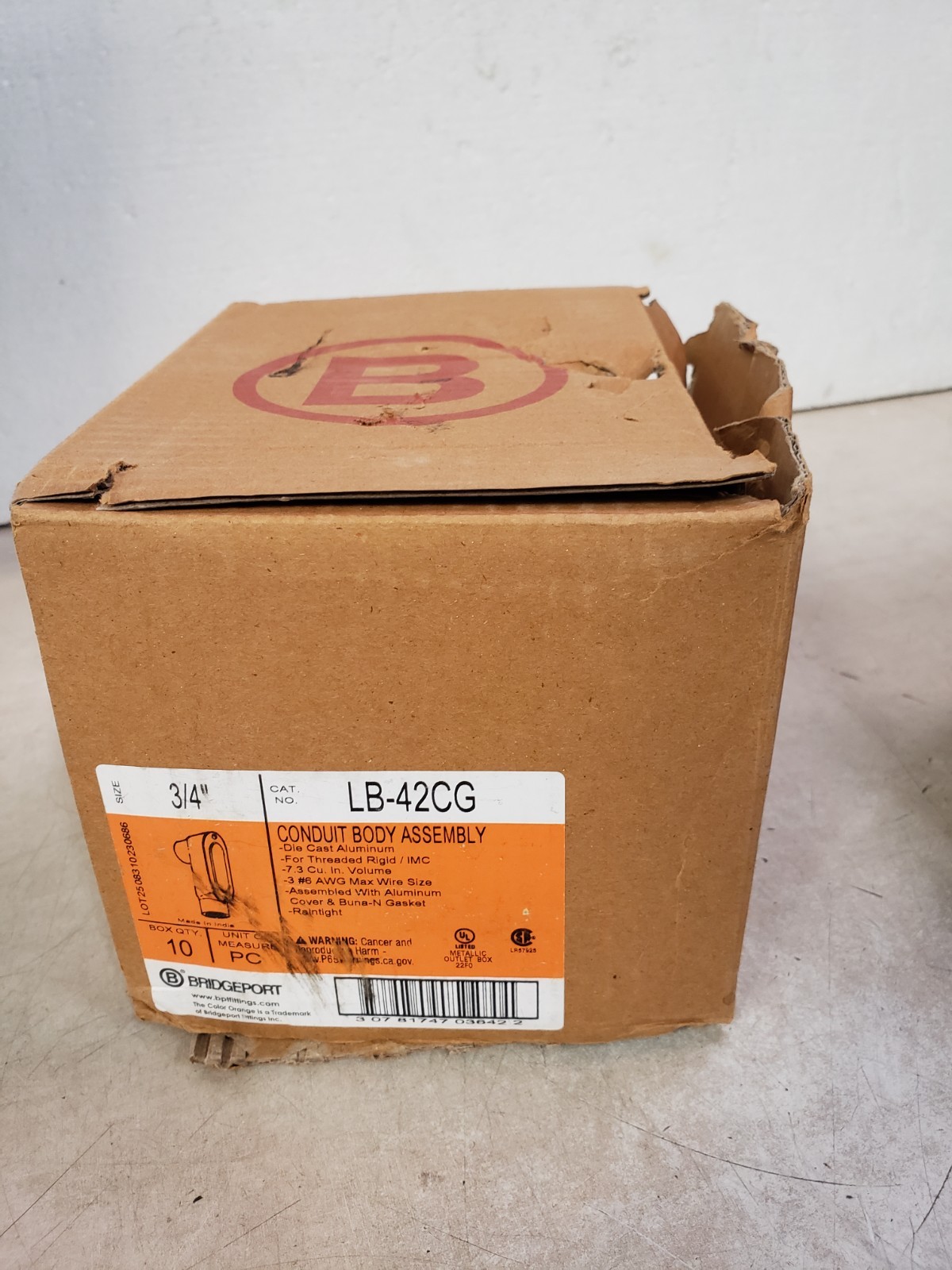 BRIDGEPORT LB-42CG Conduit Body Assembly Raintight 3/4″ (Pack of 10)
