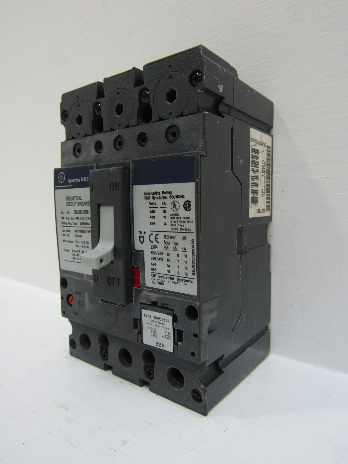 GE SEDA36AT0100 100 Amp 600V 3-Pole Spectra Circuit Breaker 80A Plug SRPE100A80