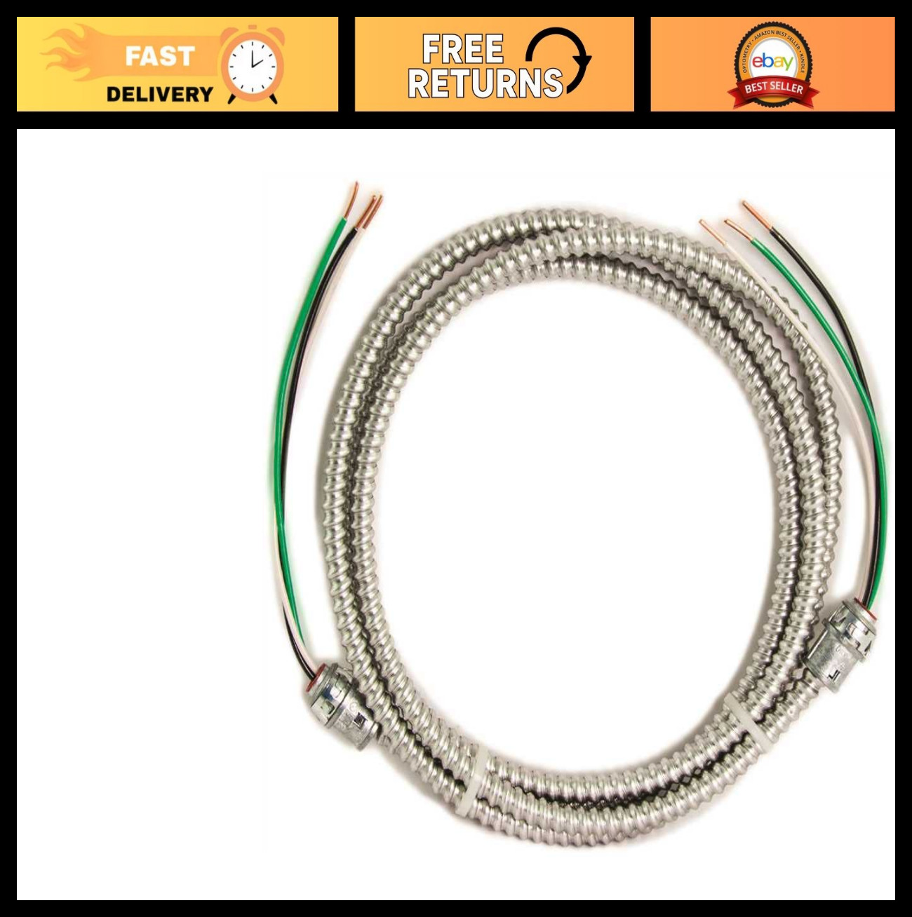 15FT 12/2 Solid Copper MC Metal Clad Cable Whip – Modular Assembly, Quick Connec