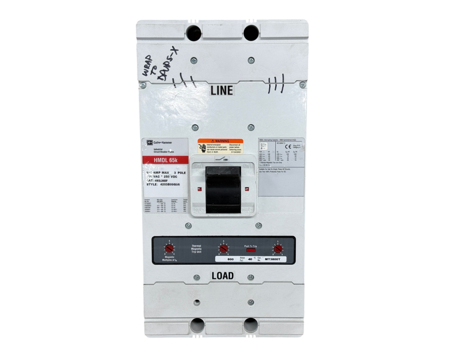 EATON CUTLER HAMMER HMDL3800F 800A 3-POLE 600V HMDL 65KA MT3800T CIRCUIT BREAKER