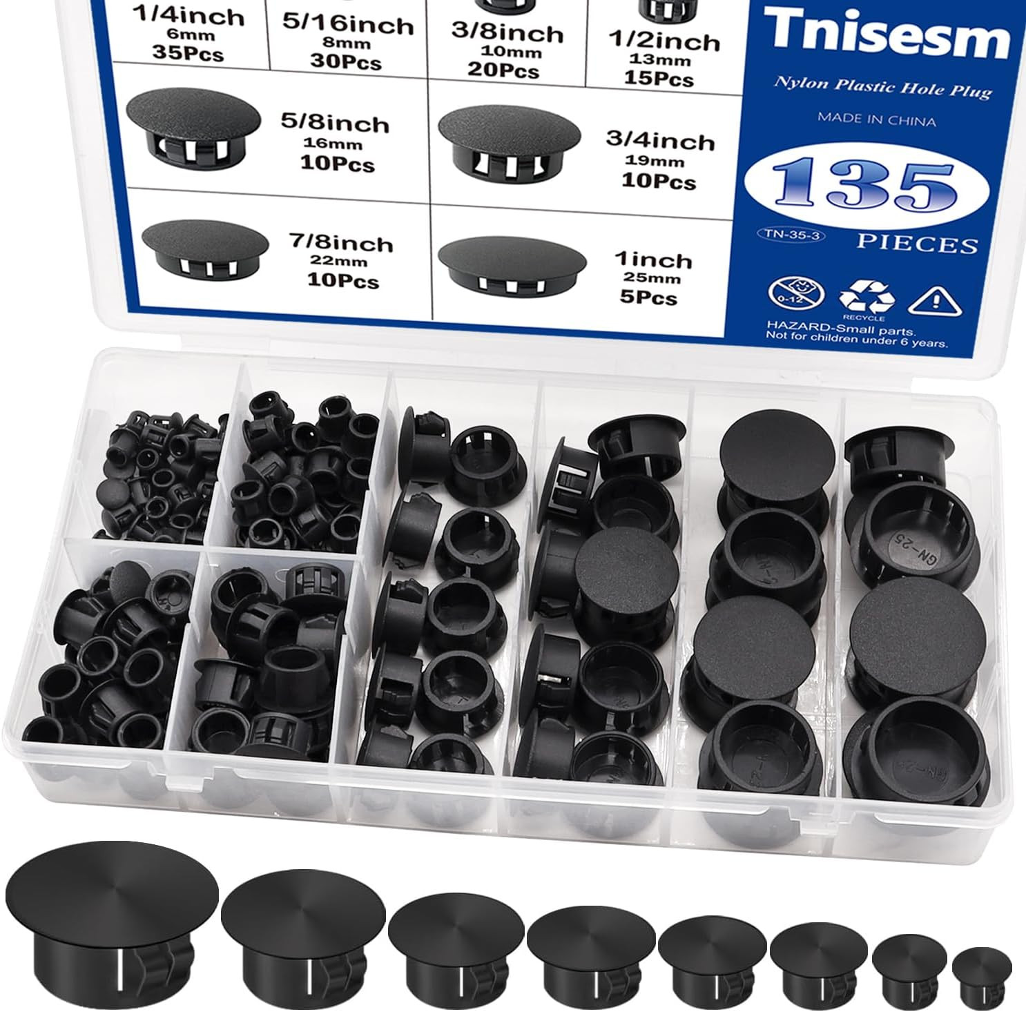 135Pcs 8 Sizes Nylon Plastic Hole Plugs Black 1/4″ 5/16″ 3/8″ 1/2″ 5/8″ 3/4″ 7/8