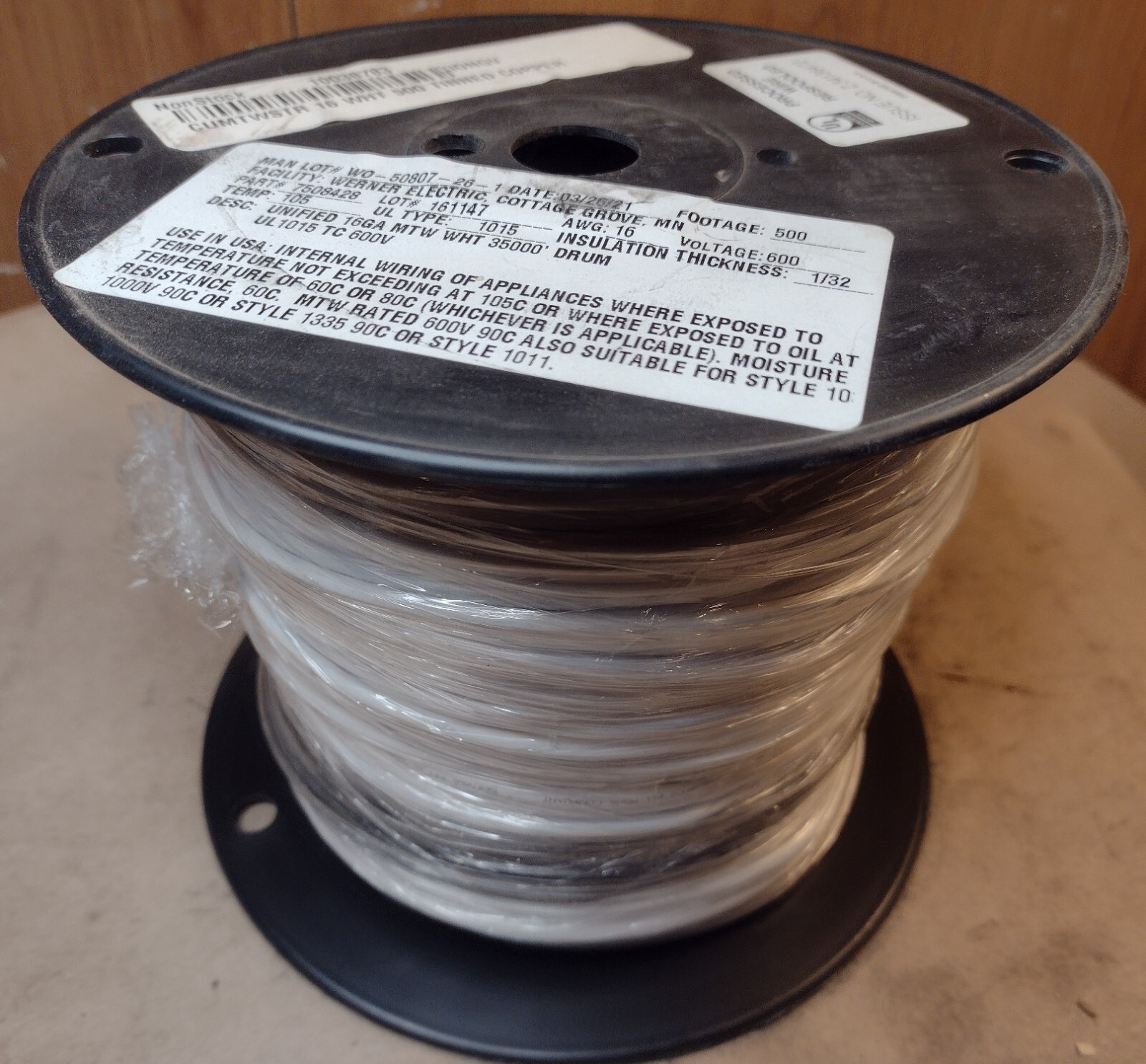 500′ 16AWG Stranded UL1015/1335/1032/1011/MTW White Tinned Copper Wire 600V