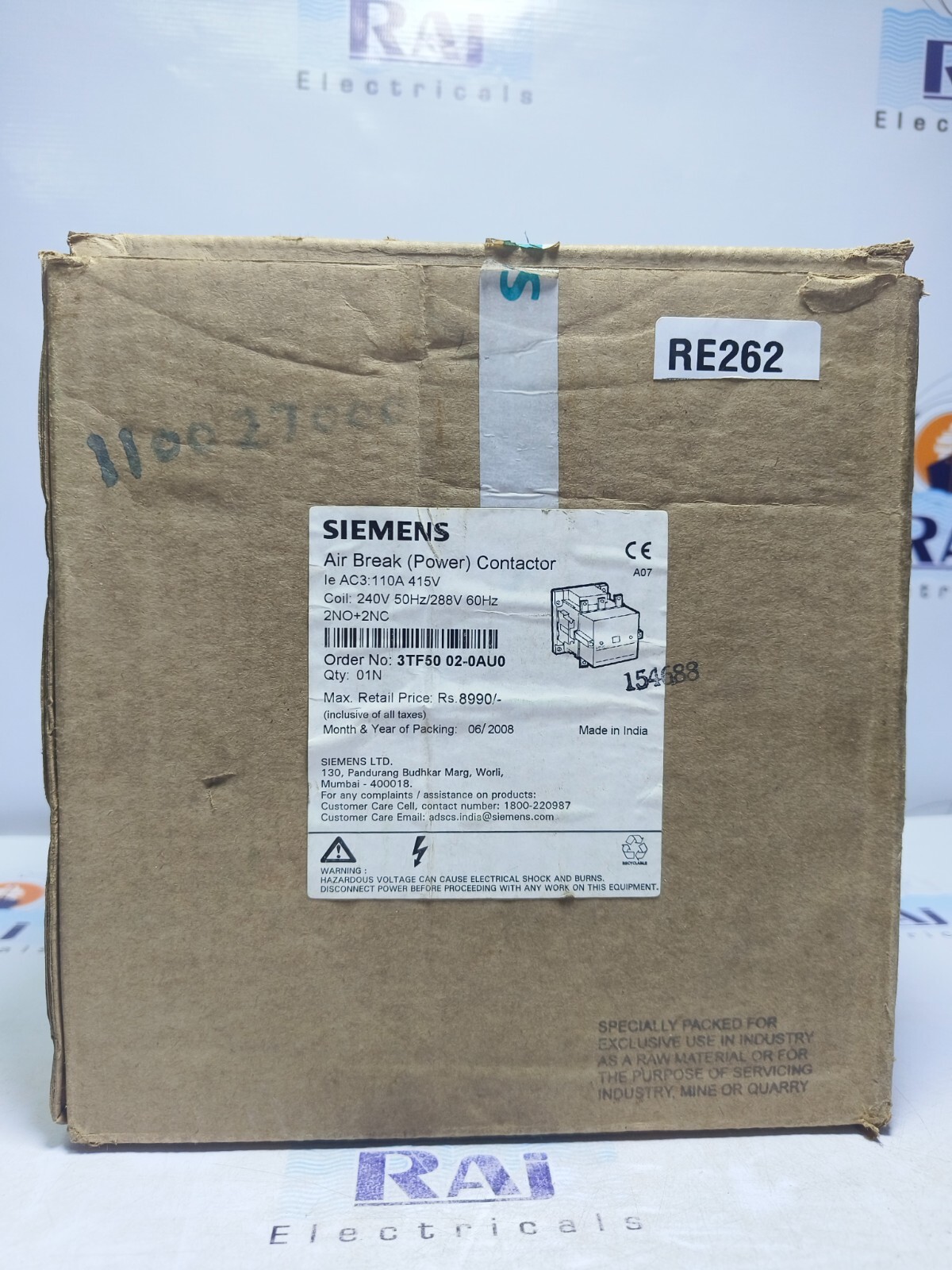 SIEMENS 3TF50 02-0AU0 POWER CONTACTOR (240 to 288V) 50/60HZ AC, 3 Pole (NEW)