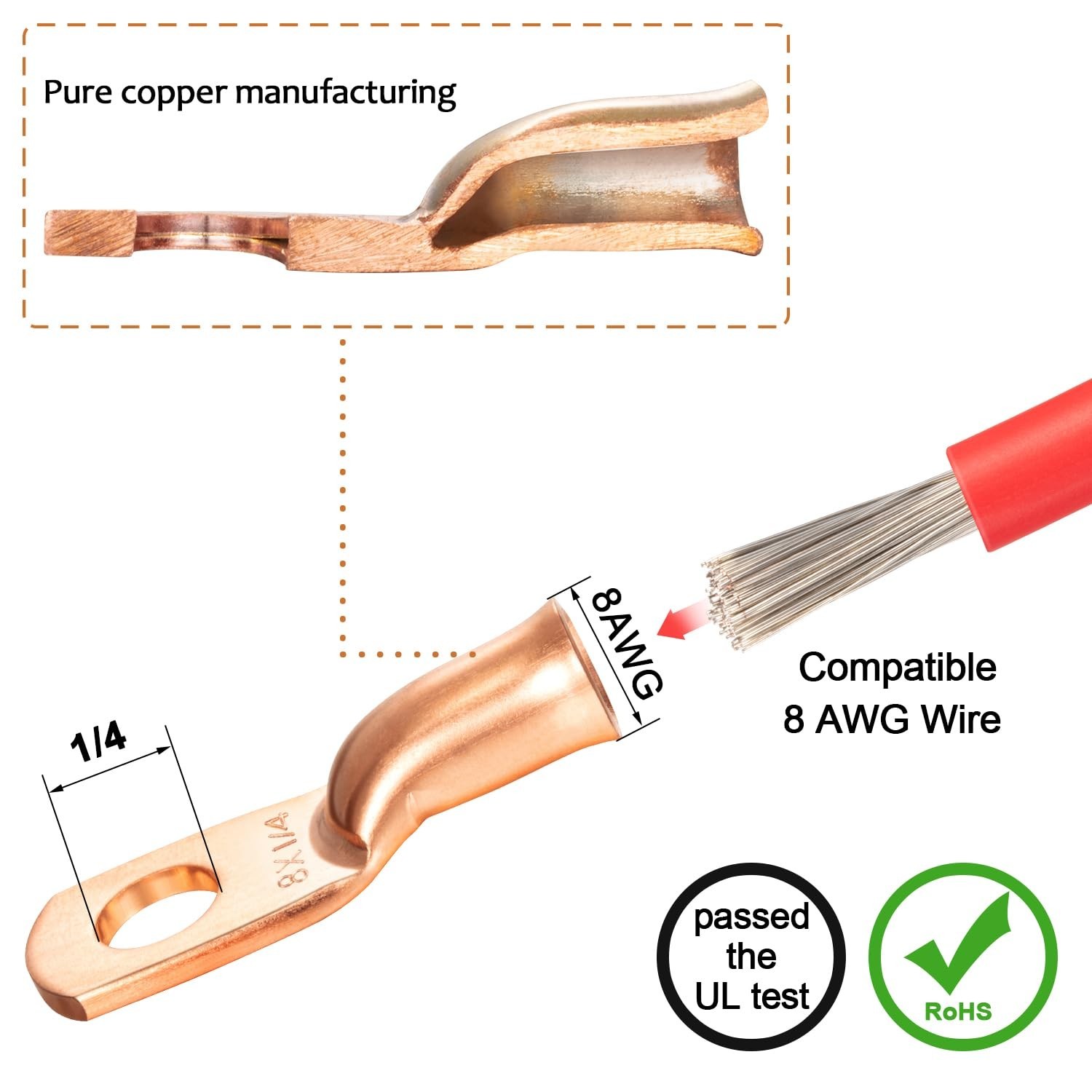 Heavy-Duty 8 AWG Copper Crimp Lugs with Heat Shrink – Certified, 10 Pack