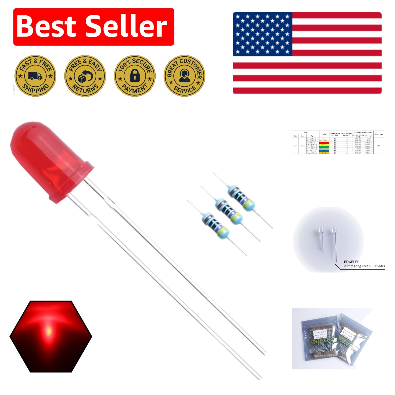 100pcs 5mm Red LED Diodes + Resistors – Reliable Lighting Solution for Projects