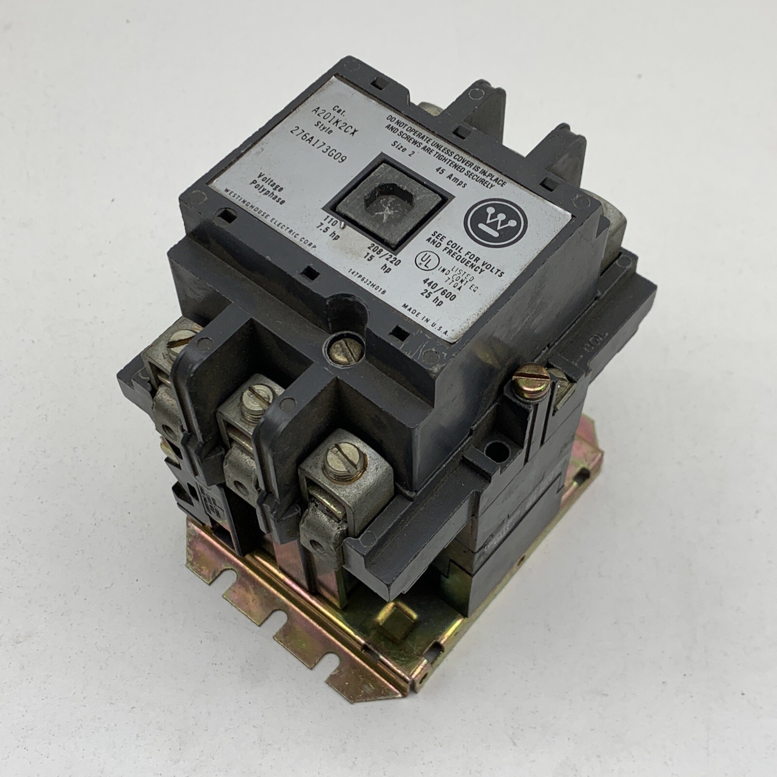 Westinghouse A201K2CX Non-Reversing Front Connected Contactor 110/120V Coil