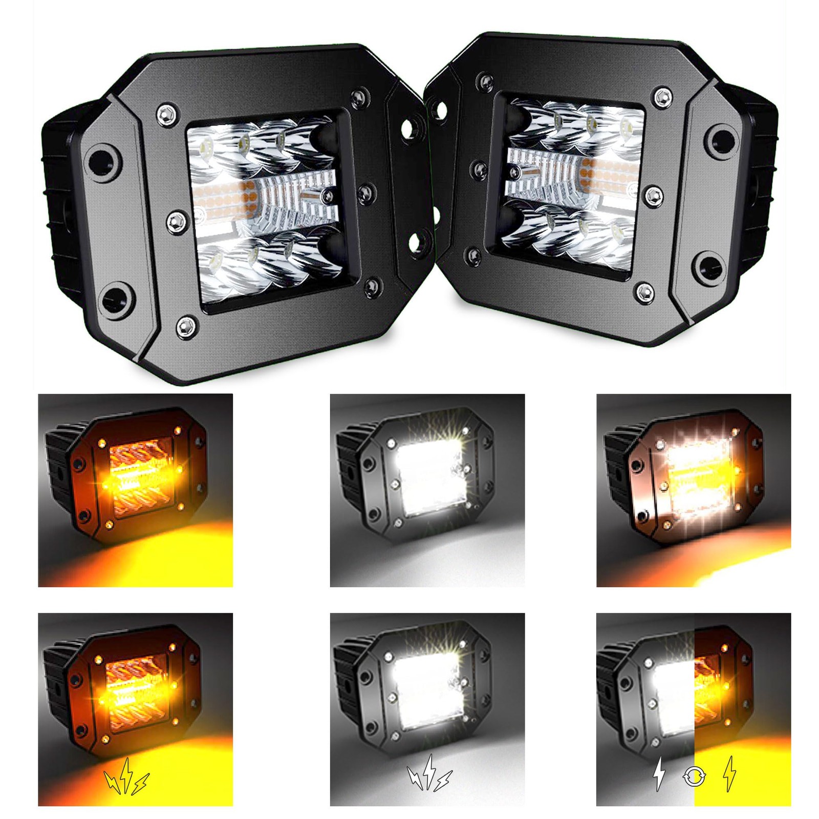 Aslong 2Pcs 5Inch Led Flush Mount Pods 6 Modes Amber/White Flashing Strobe Fog