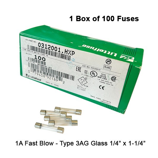 Littelfuse 1A Fast Blow, 0312001.HXP, Type 3AG, box of 100, 1/4″ x 1-1/4″