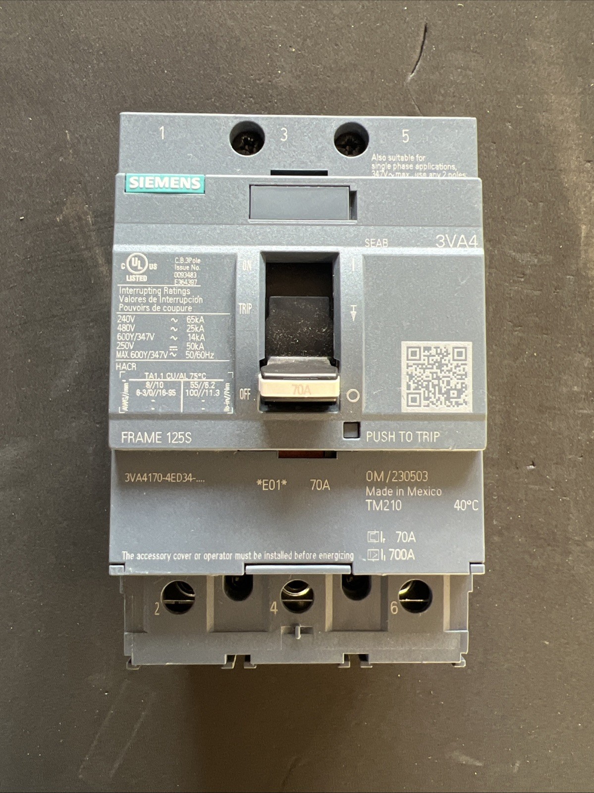 Siemens 3VA4170-4ED34-0AA0 Circuit Breaker 3P 70A 480V