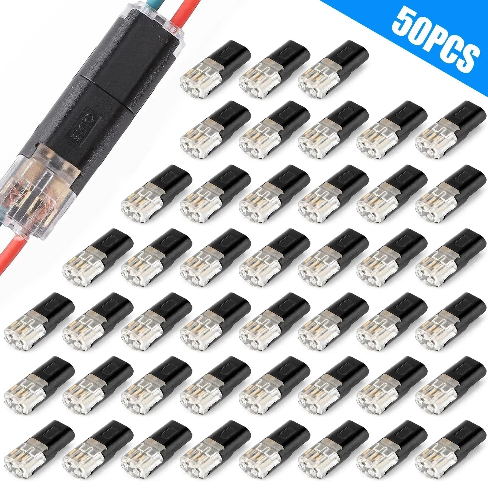 50Pcs 2 Pin 2 Way LED Wire Connectors Plug-In Terminal AWG 18-22 No Strip