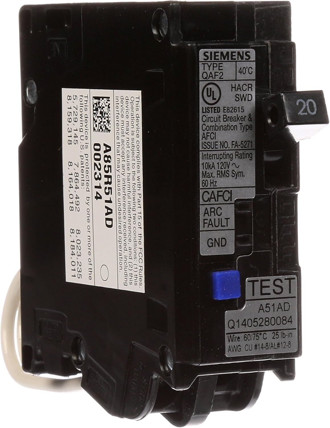 Siemens QA120AFC 20-Amp Single Pole 120-Volt Plug-On AFCI Breaker Free Shipping