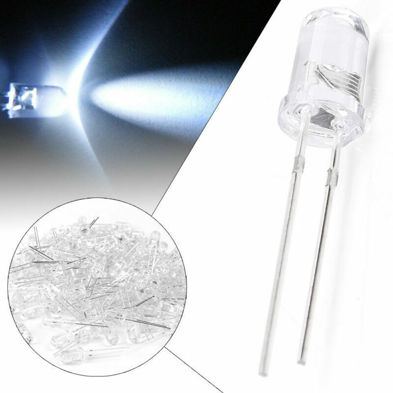 100x White LED 5mm Round Top Transparent Clear Tip PCB Board Solder F5 Bulbs