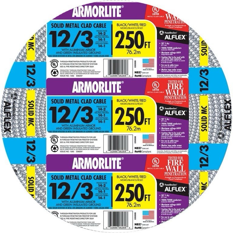 Southwire 250 Ft. 12/3 MC Armored Cable Electrical Wire – NEW