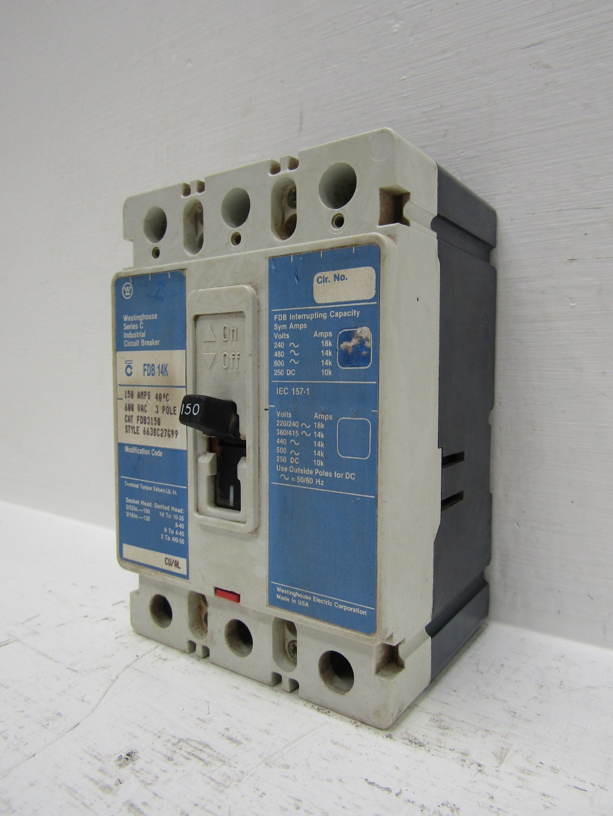 Westinghouse FDB3150 150 Amp 600V 3-Pole Circuit Breaker 150A 3P Cutler Hammer