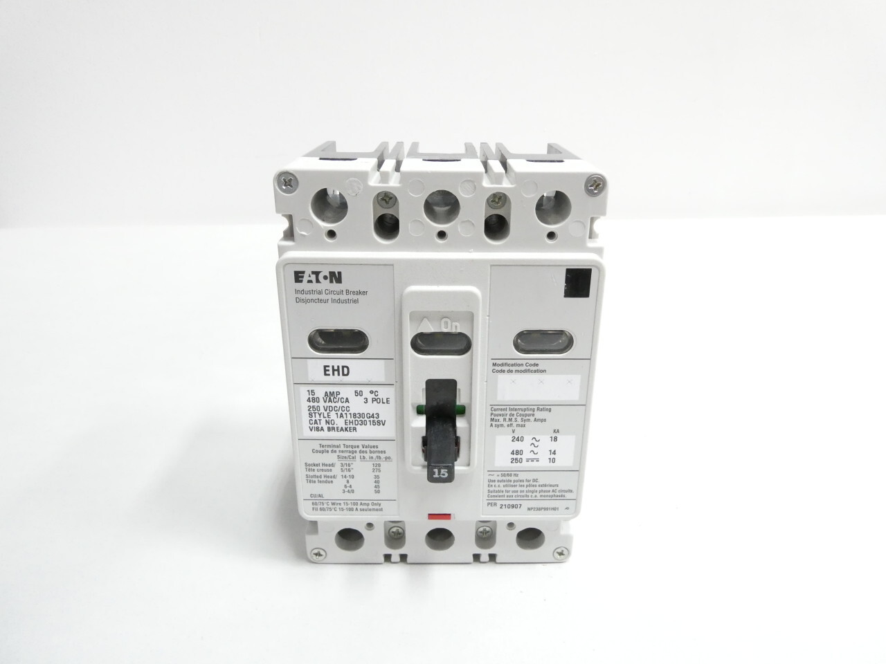 Eaton EHD3015SV Molded Case Circuit Breaker 3p 15a Amp 480v-ac 250v-dc
