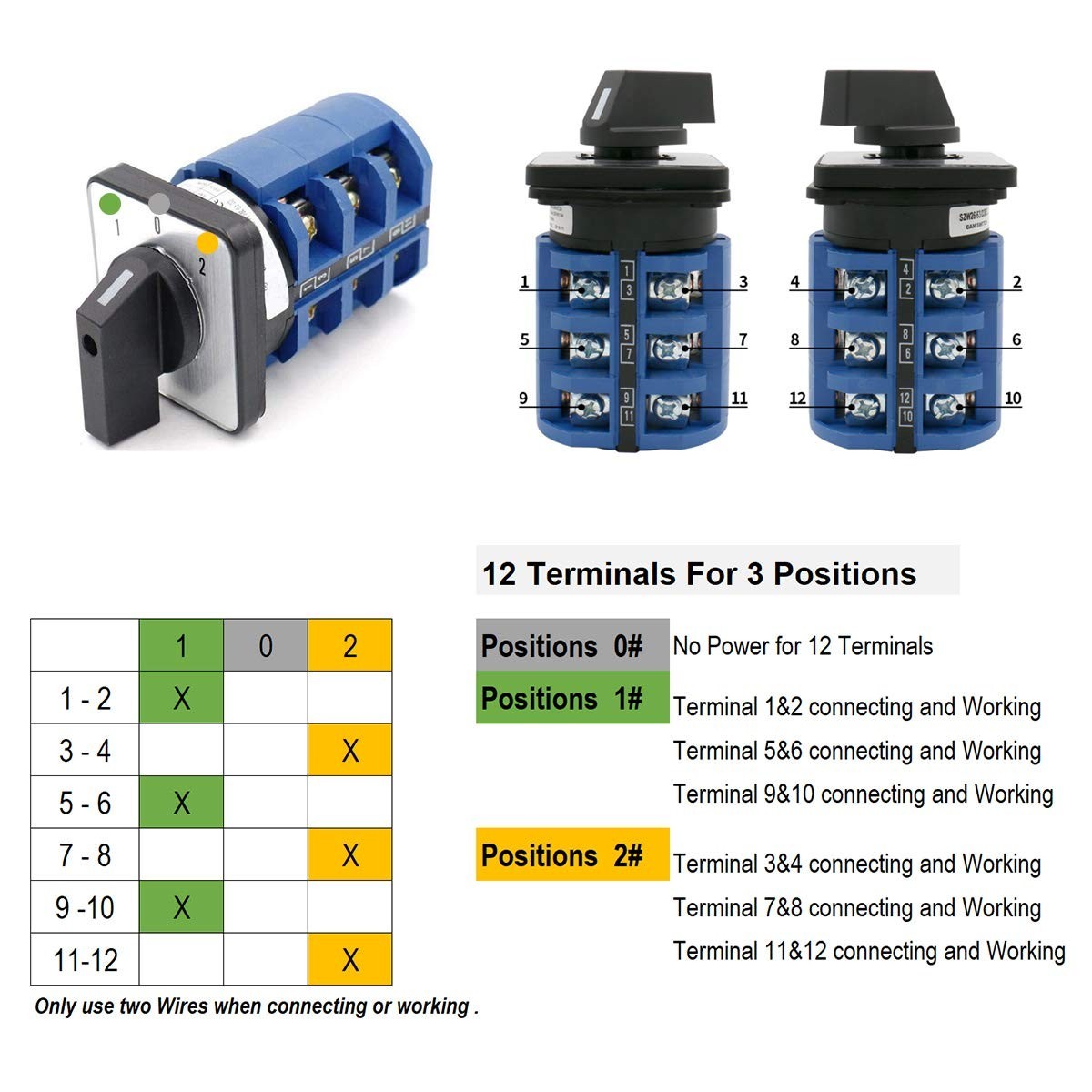 Baomain Rotary Changeover Switch 63A 3 Position 12 Terminal 1 0 2 Circuit